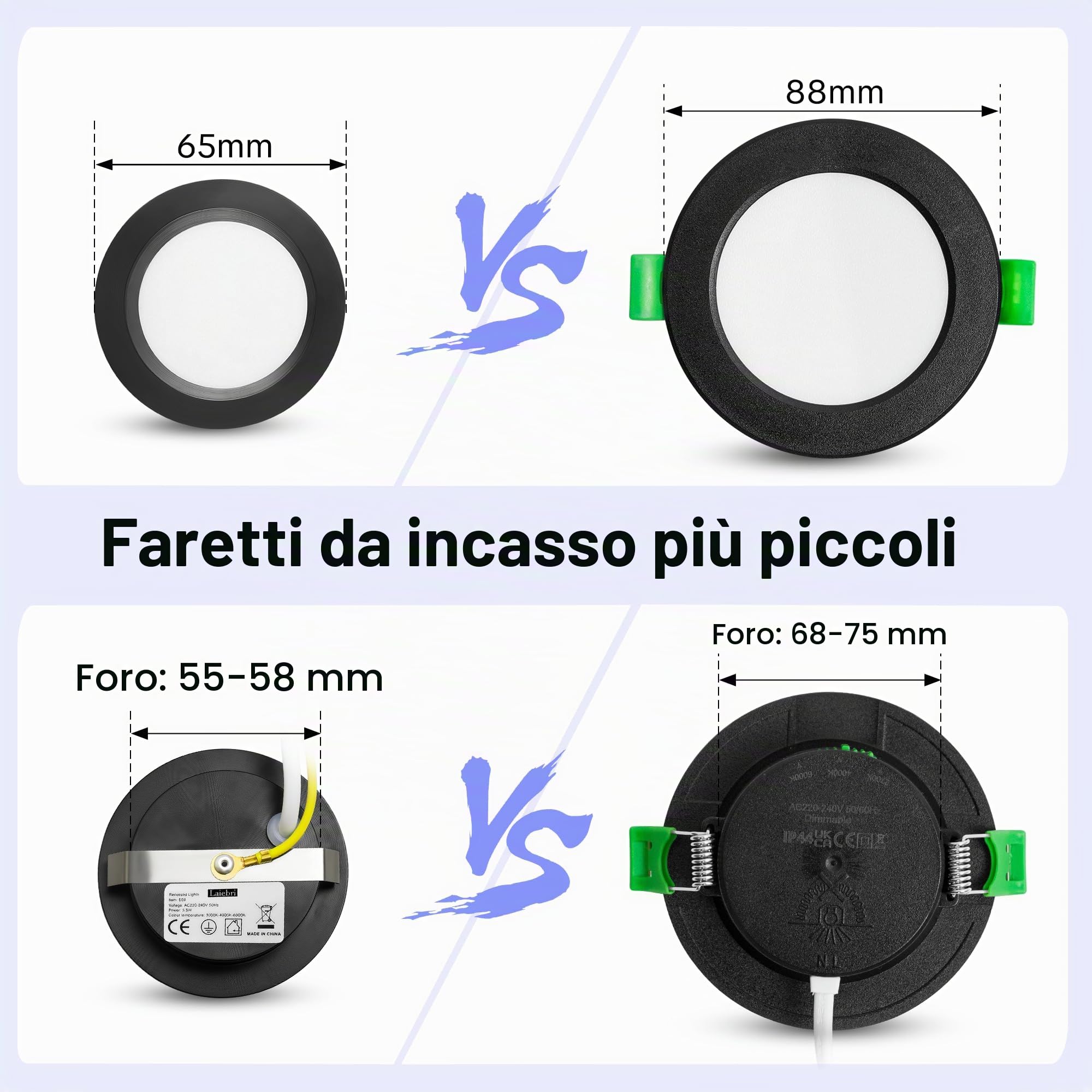 Set di 3 Faretti LED da Incasso per Cartongesso 220V, 3.5W Alluminio Faretto da Incasso 3000K 4000K 6000K, 300LM IP44 Faretti LED Soffitto Foro 55-58mm e 12mm Ultrapiatto per Bagno, Nero