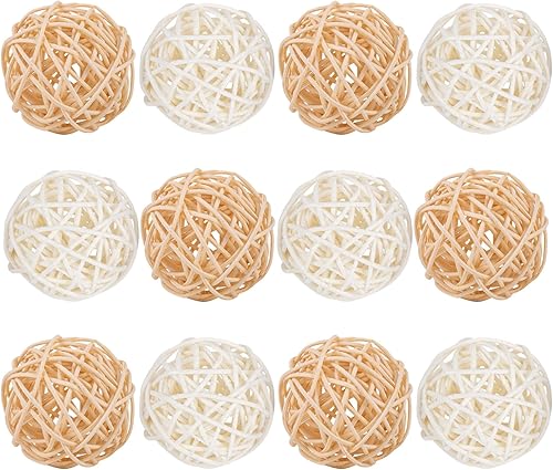 Framendino, Paquete de 12 bolas decorativas de mimbre de ratán de 2 pulgadas, para decoración del hogar, boda, color blanco natural