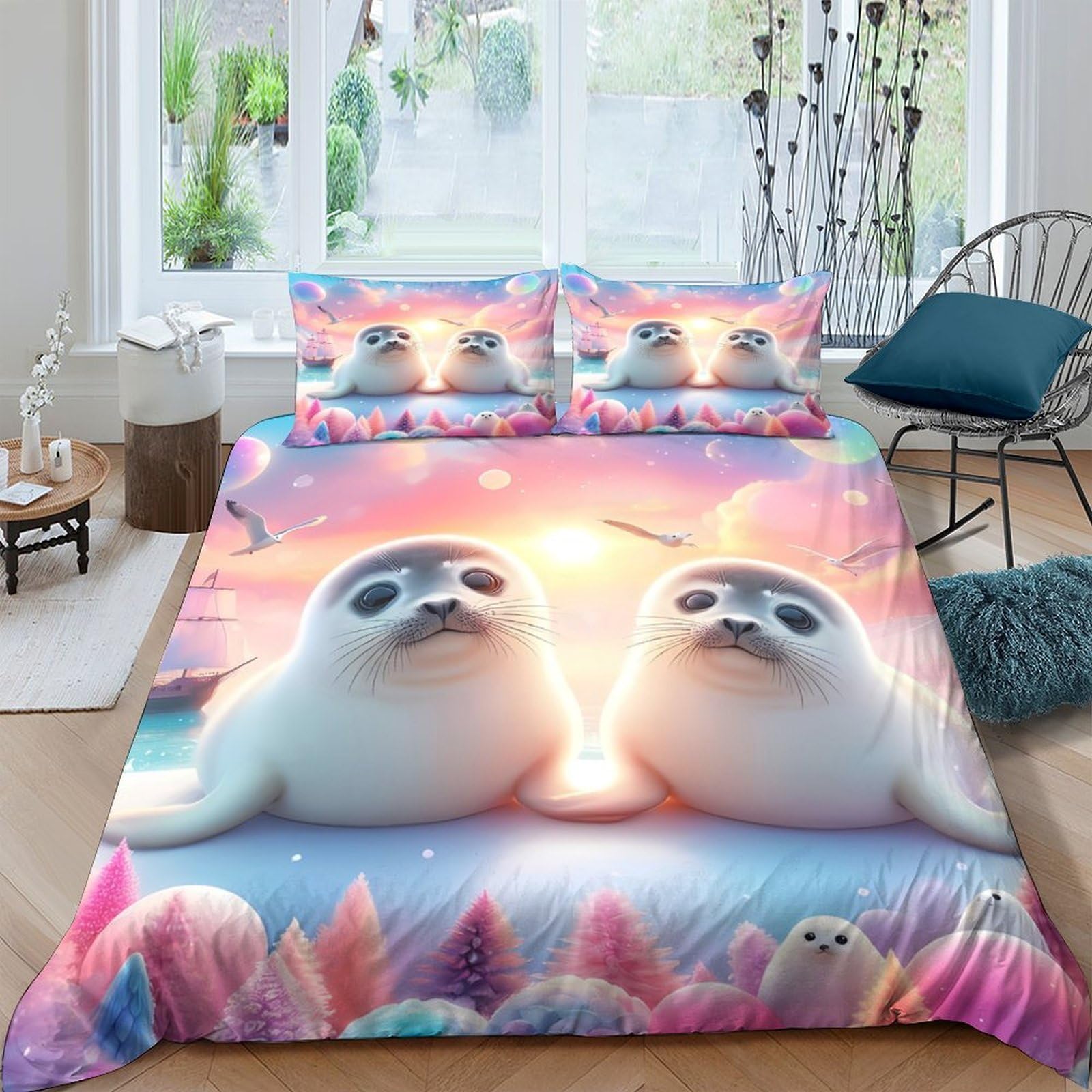 Ctjqhvkz Style-3 3D Printed Cute Seal Fitted Sheet Microfiber Soft Pastel Sunset Mattress Cover For Bedroom Dorm Mattress Protection Decor Single（135X200cm）