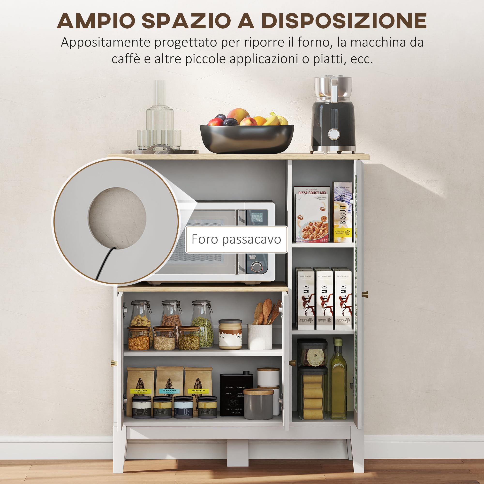 HOMCOM Mobile Microonde con Piano per Elettrodomestici, Armadietti e Anta in Vetro, Credenza Cucina con Ripiani Regolabili, Foro Passacavi e Gambe in Pino, per Cucina, Soggiorno, 80x35x97cm, Bianco