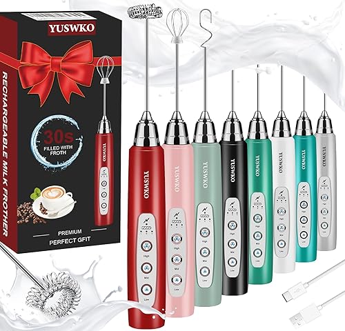 YUSWKO Espumador de leche de mano para café, mezclador de bebidas recargable con 3 cabezales, 3 velocidades, batidor eléctrico de café, regalo para