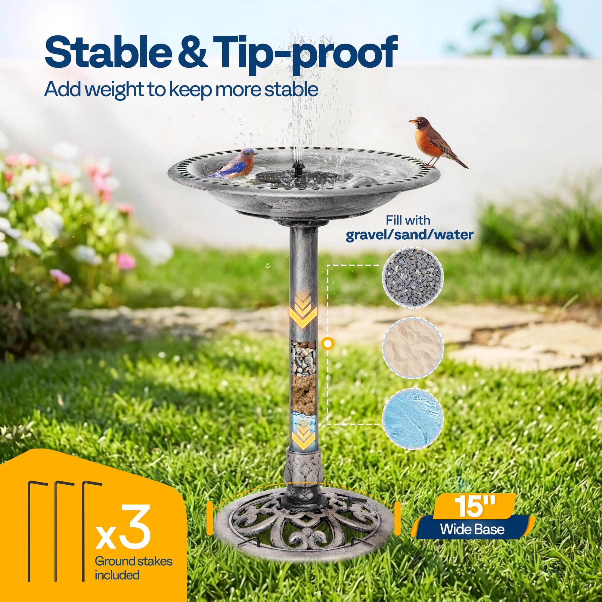 VIVOHOME Set Combinato di Fontana Rotonda per Laghetto con Abbeveratoio Bagno per Uccelli da Giardino Antica in Poliresina e Fontana Solare