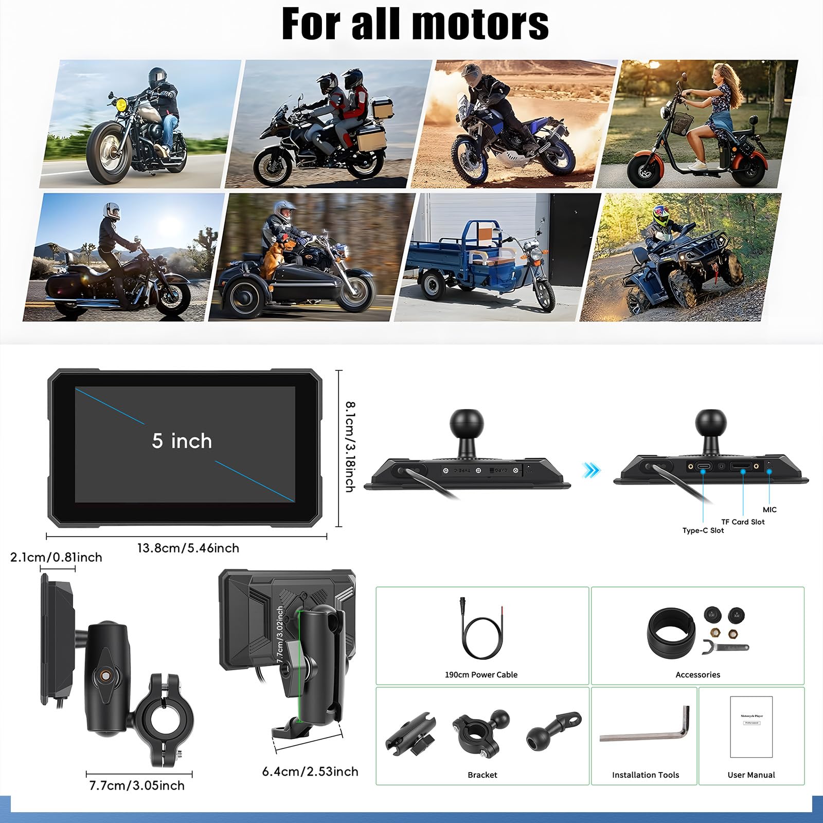 [2026 Nuevo] CAMECHO Pantalla Táctil de 5'' CarPlay Inalámbrico para Moto con Detección de Presión de Neumáticos, GPS Moto y Coche con CarPlay Inalámbrico Android Auto Bluetooth IP67 Impermeable 12V
