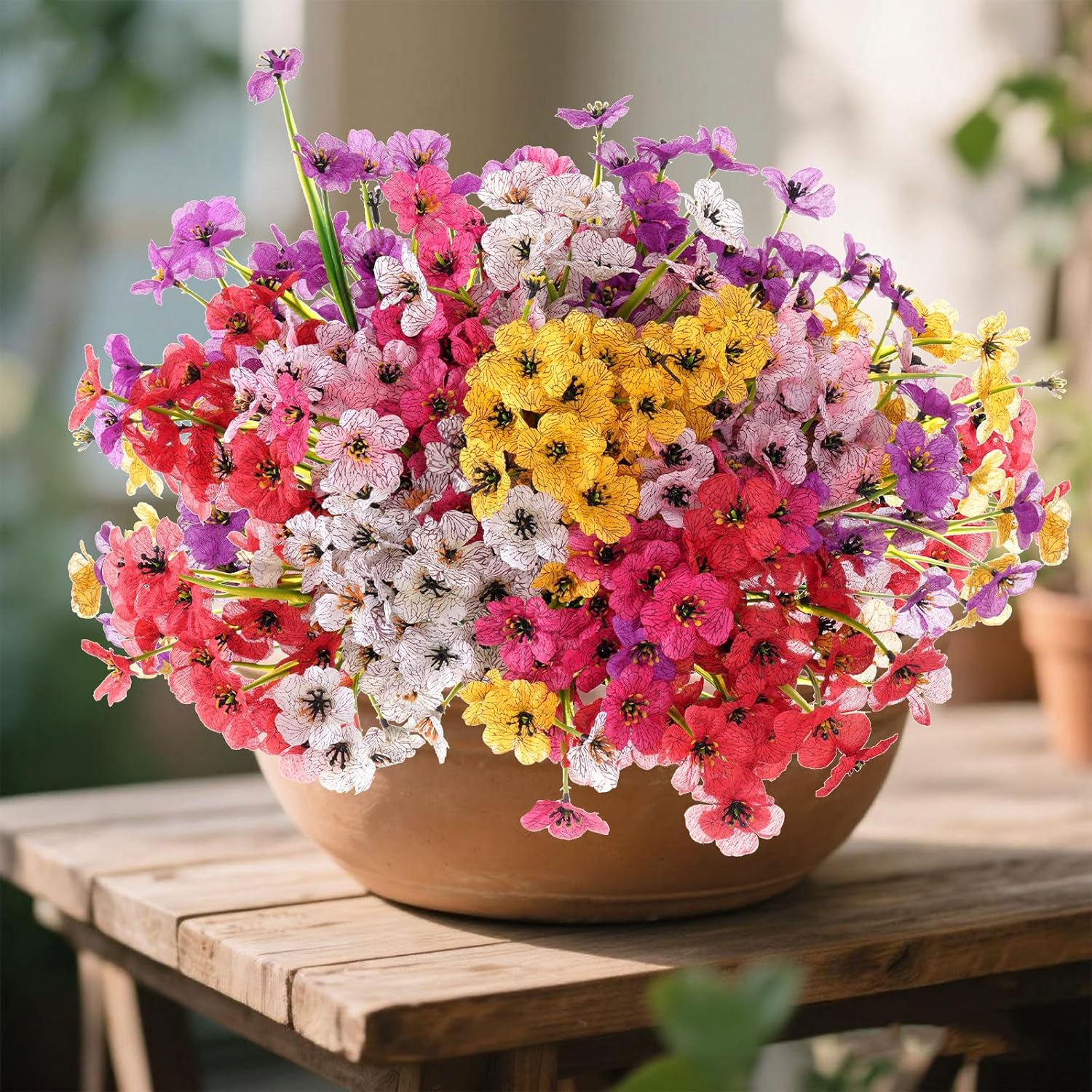 hoyuwak 24 Bundle UV Resistant Artificial Flowers - Fake Plants for Home & Garden Decor, 13.5 Inch Bendable Faux Flowers for Patio, Porch, Yard, Outdoor Planters (6 Colors, No Maintenance)