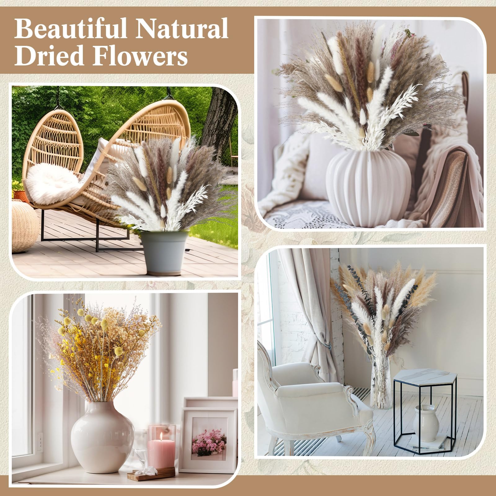 Nuanchu Getrocknetes Pampasgras, Dekoration, Boho-Blumenstrauß mit Hasenschwanz, Schilfgras für Hochzeit, Zuhause, Tisch, rustikales Bauernhaus, Party, Büro (Retro-Stil), 703 Stück