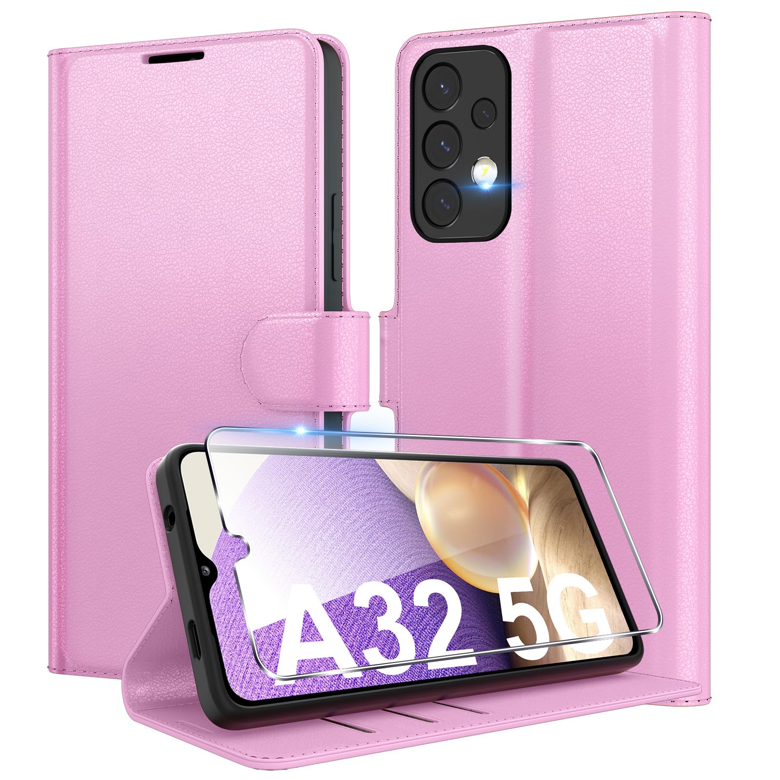 Eirltiy Cover per Samsung Galaxy A32 5G Portafoglio Pelle PU Premium, Custodia Scomparti Carte Antiurto Protettiva Case con 1 Vetro Temperato, Rosa