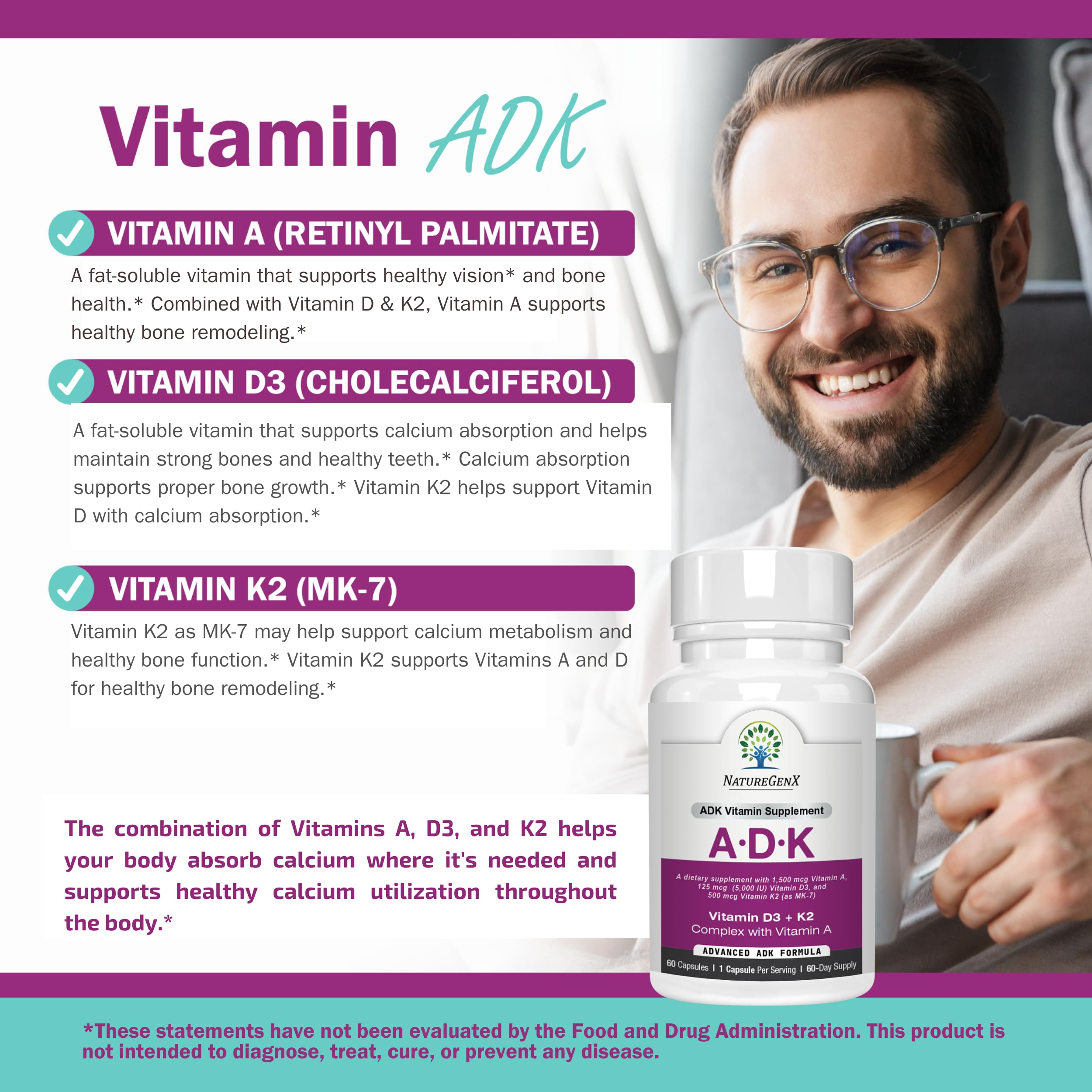 NatureGenX ADK Vitamin Supplement – Vitamins A, D3 & K2 MK-7 for Bone Health & Calcium Absorption – Gluten-Free, Non-GMO, Soy-Free – 60 Capsules (2-Month Supply) — Amazon image 5