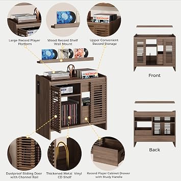 IRONCK Vinyl Record Player Stand with Wall Mount, Vinyl Record Storage Stand with Charging Station, Retro Wood Record Player Cabinet up to 350 Albums for Music Living Room and Bedroom, Walnut Brown