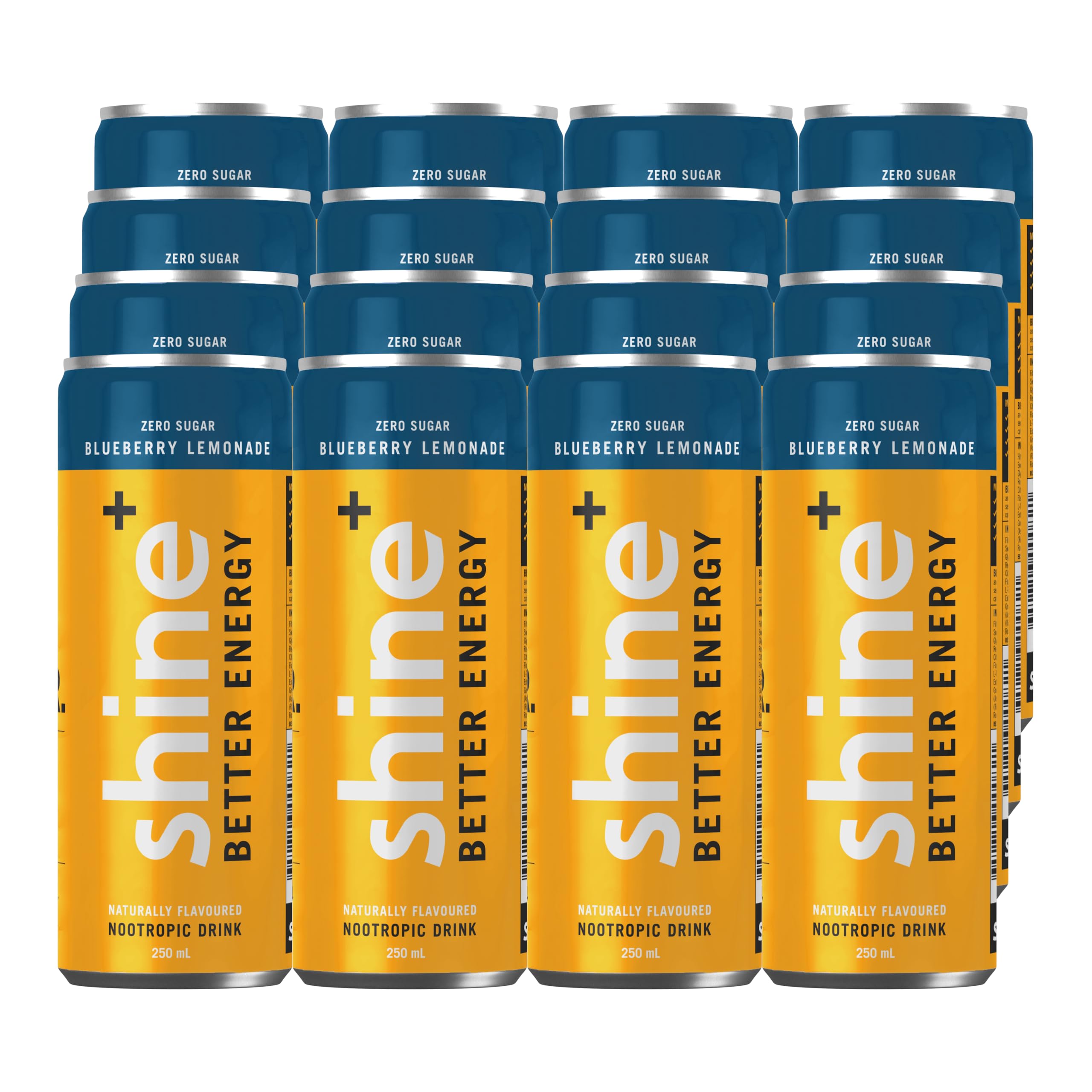 Shine Healthy Energy Drink Blueberry Lemonade - Sugar Free Mental Focus Nootropic, Natural Caffeine & B Vitamins 24 x 250ml Cans