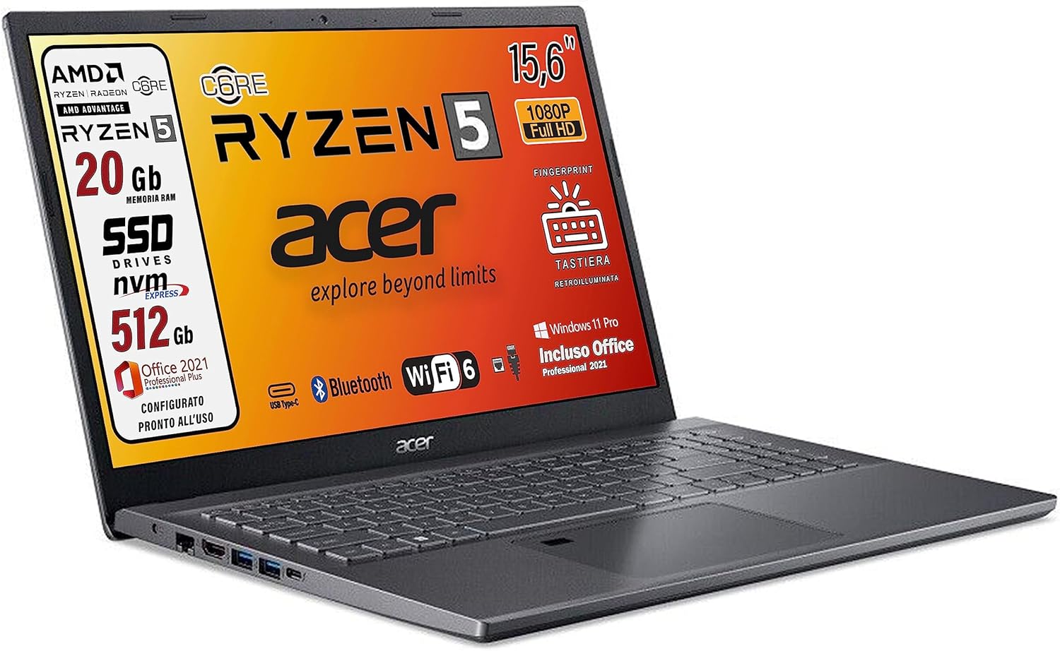 Acer portatile, AMD Ryzen 5 5625u, 6 Core Cpu, Ram 20 Gb DDR4, SSD 512 Gb Pci, Display 15.6 FHD, Tastiera QWERTY Retroilluminata, Fingerprint, WI-FI 6, Win 11 Pro, Suite Office , preconfigurato Acer portatile, AMD Ryzen 5 5625u, 6 Core Cpu, Ram 20 Gb DDR4, SSD 512 Gb Pci, Display 15.6 FHD, Tastiera QWERTY Retroilluminata, Fingerprint, WI-FI 6, Win 11 Pro, Suite Office , preconfigurato
