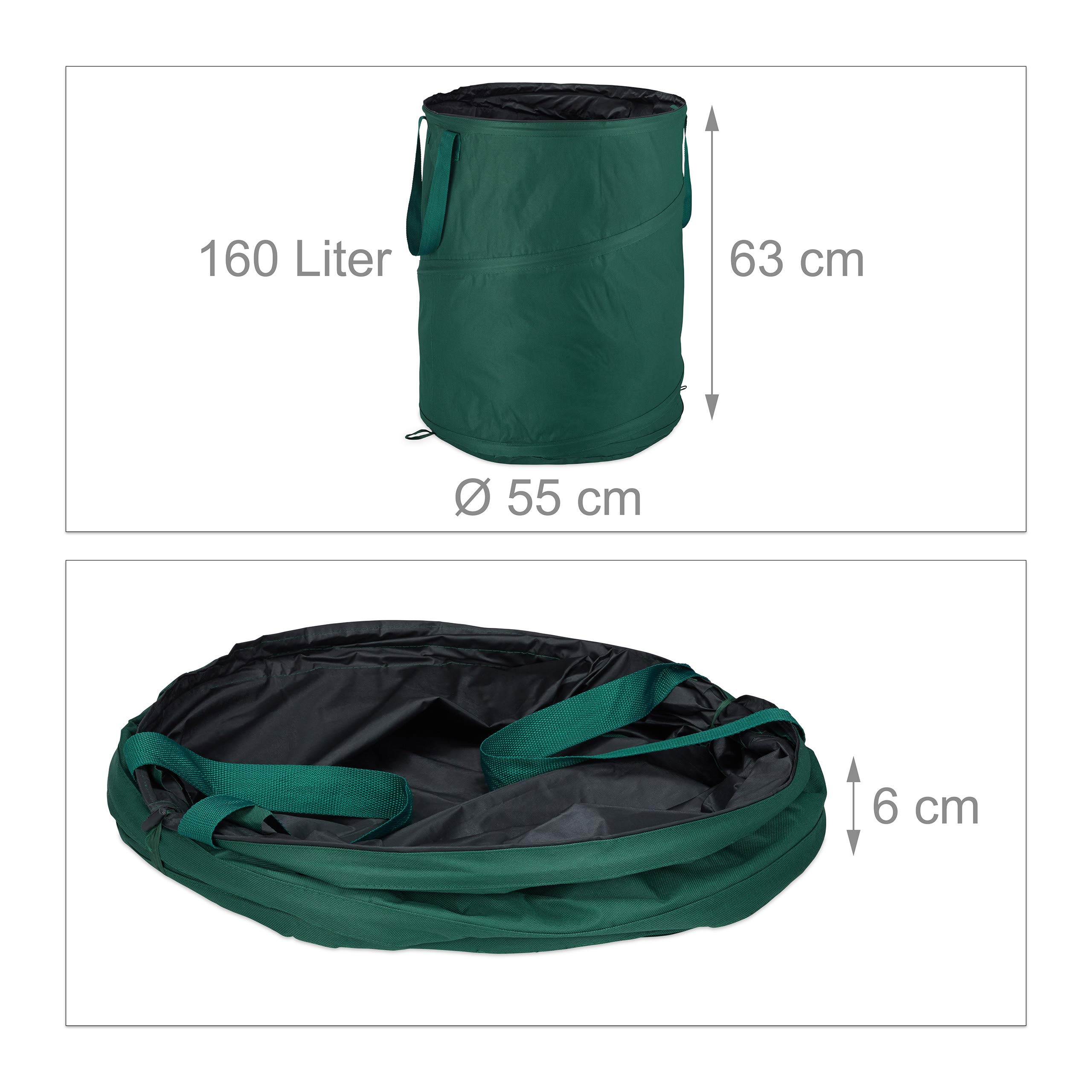 Relaxdays Sacchi per Foglie Pop Up, Set da 3, per Fogliame e Rifiuti da Giardino, 160 l, Autoportante, ∅: 55 cm, Verdi