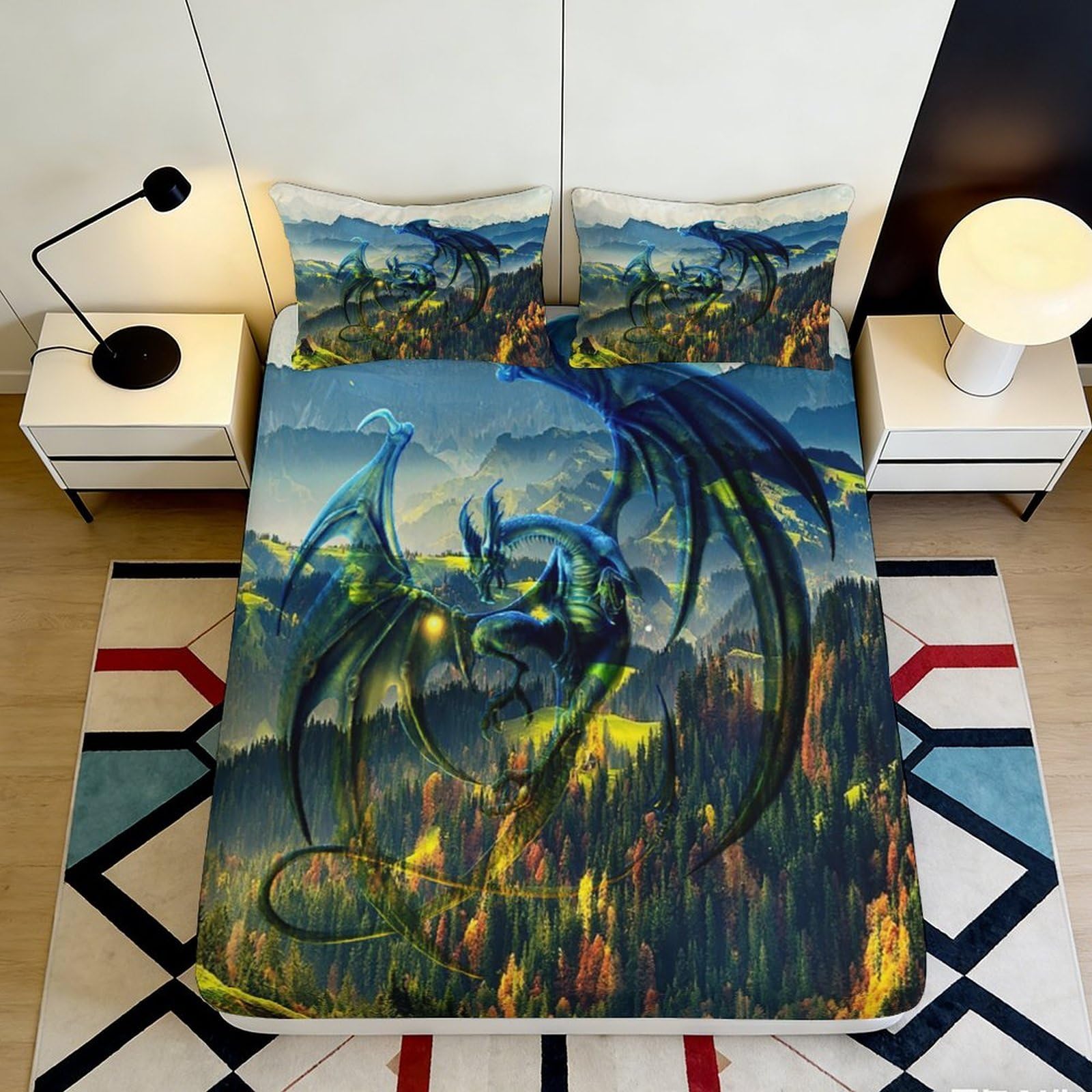 3D Printed Blue Dragon Fitted Sheet Microfiber Fantasy Night Forest Mattress Cover for Bedroom Guest Room Decor 90x200x25cm