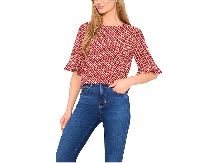 Elbow Sleeve Ruffle Cuff Crew Neck Top - Image 1