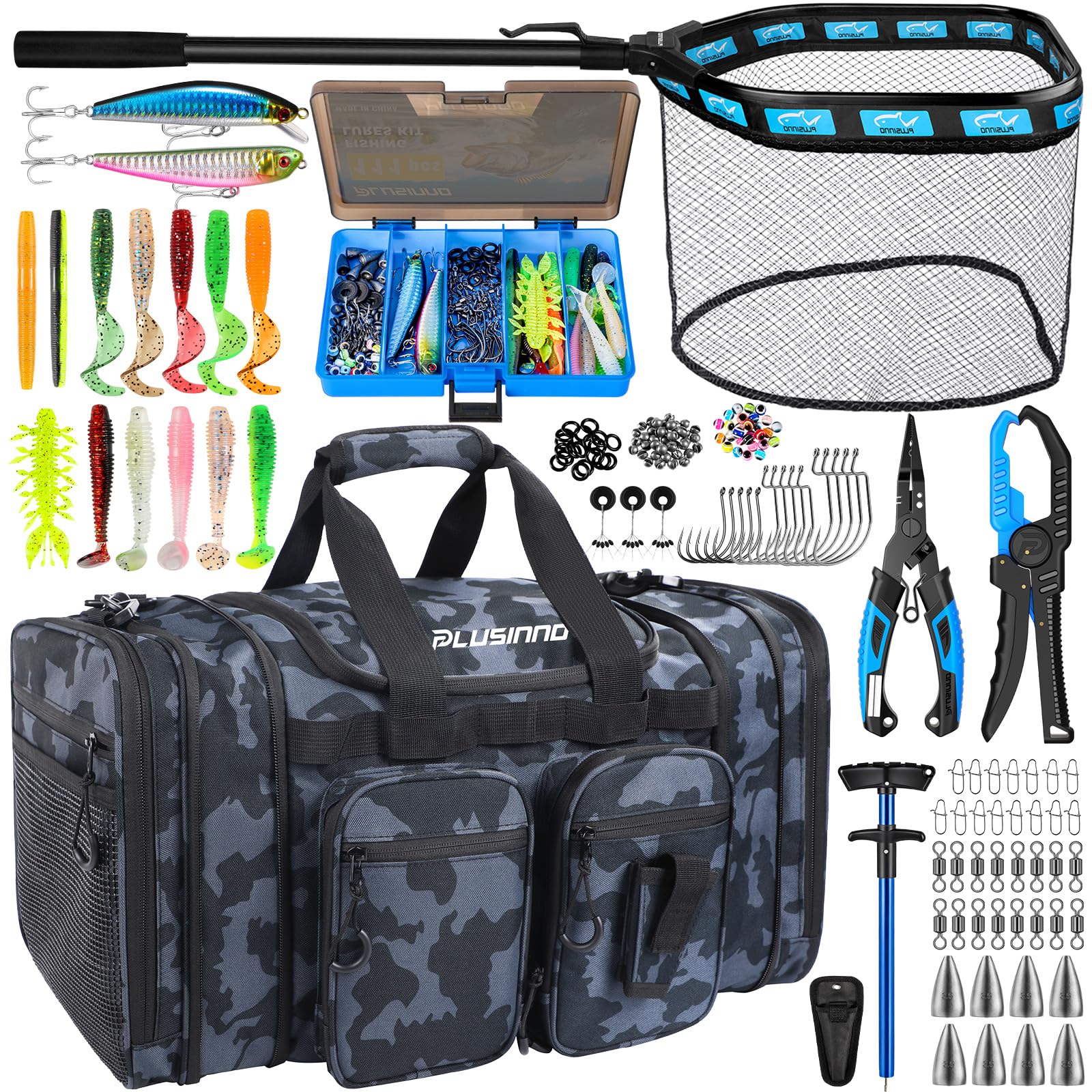 PLUSINNO Tackle Bag - Expandable Fishing Bag with fishing net for Saltwater &amp; Freshwater - Water Resistant Fishing Gear Shoulder Bag For Men