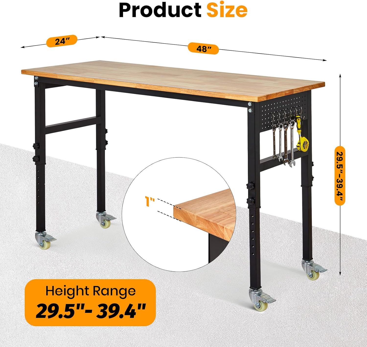 GarveeHome Adjustable Workbench with Scale, 48" x 24" Portable Bench with Pegboard and 6 Hooks, 8 Adjustable Height, 2200lbs Load Capacity Worktable for Garage, Office, Home, Wheels
