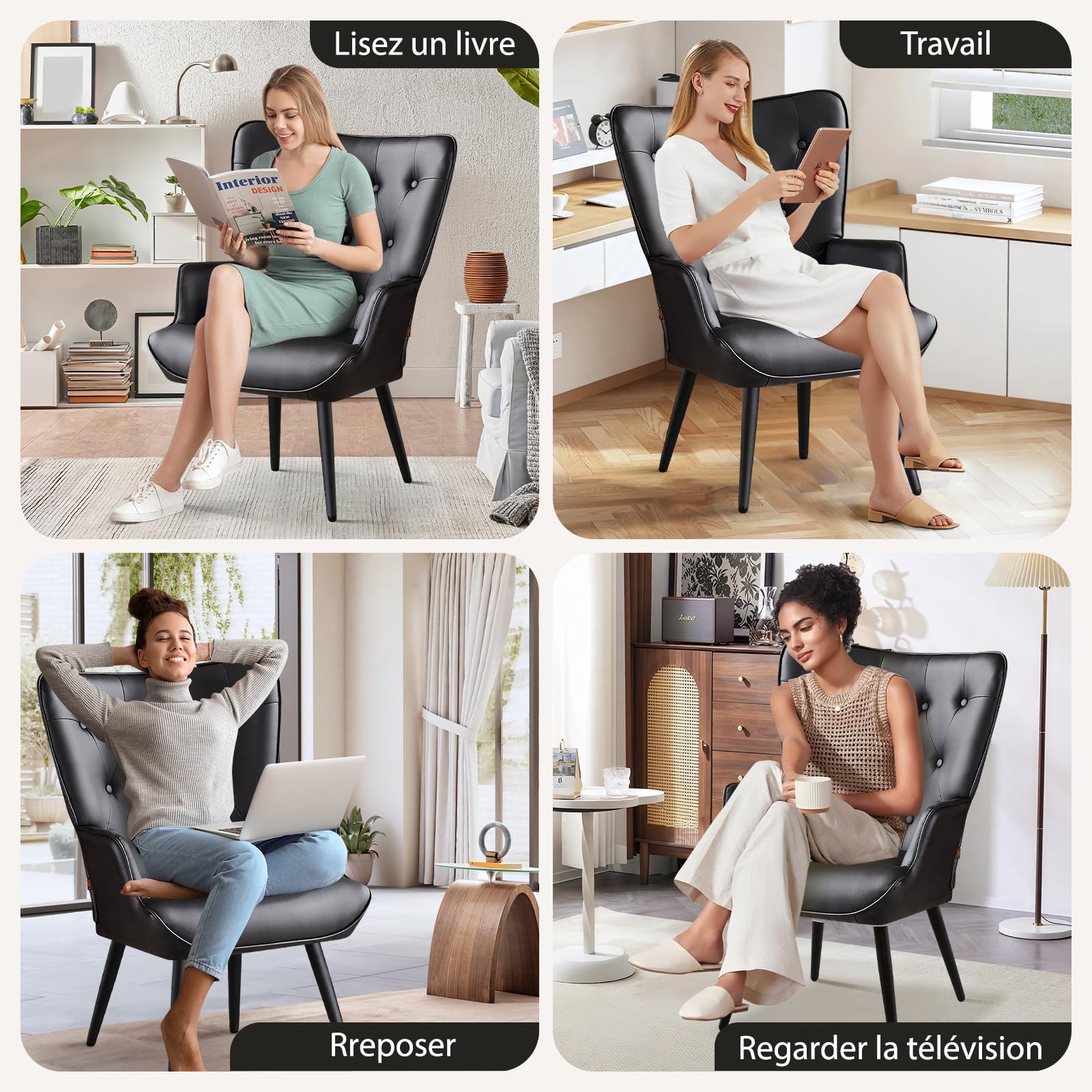 Set di 2 Poltrona Salotto, Poltrona Camera da Letto Poltrone Scandinava Relax in Finta Pelle con Braccioli, Poltrone Imbottita in Velluto con Schienale Alto per Camera da Letto Soggiorno, Nero