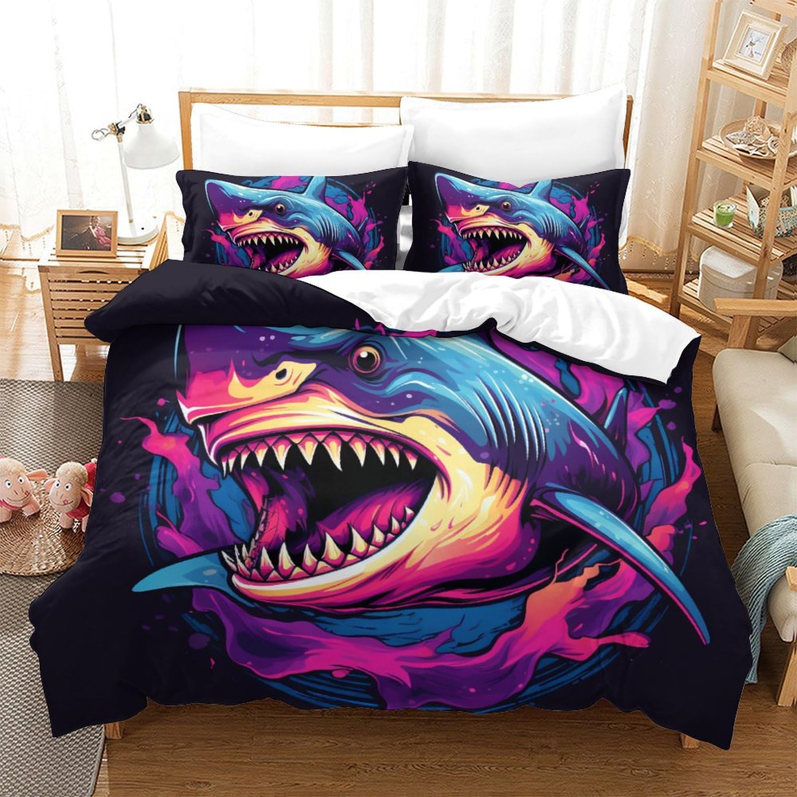 Housse de couette requin 260x220 anti-glisse avec fermeture éclair pour lit enfant