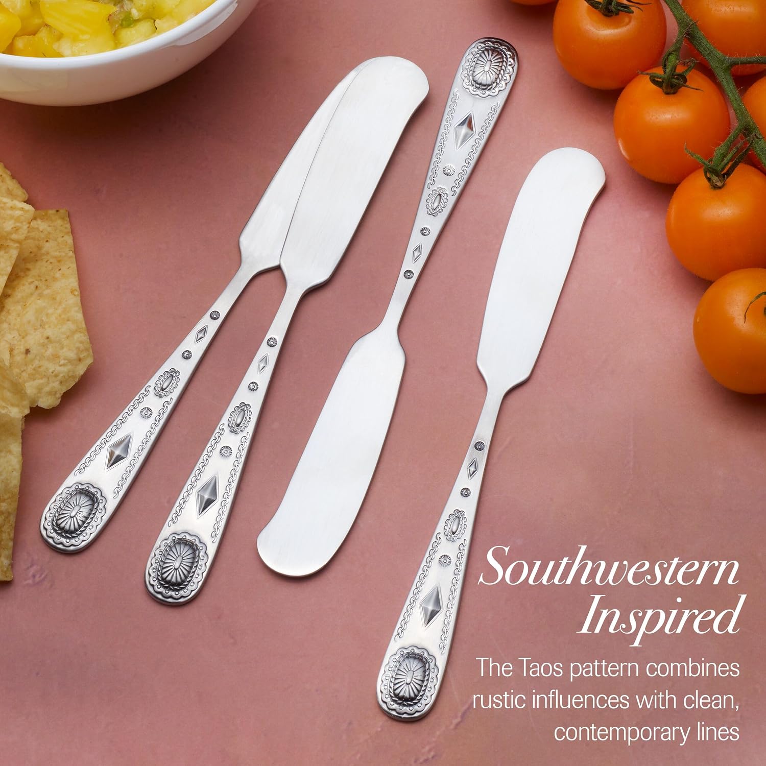 Wallace Taos 18/10 Stainless Steel Butter Spreaders, Set of 4 - Southwestern Design Flatware, Dishwasher Safe Silverware for Entertaining and Everyday Table Settings