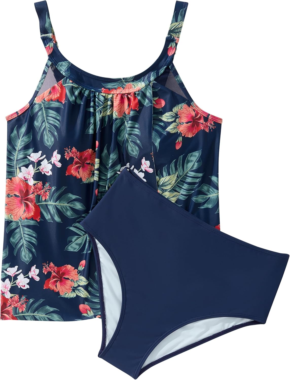 SUUKSESS Women Tummy Control Tankini Bathing Suit Ruffle High Waisted Swimsuit Large 60 Tropical Floral Navy Blue