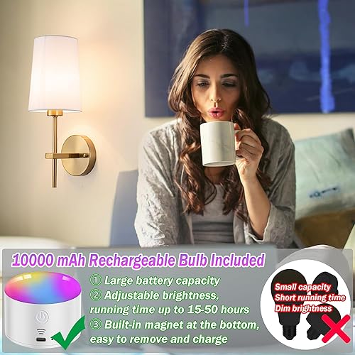 Miniatura 3 de Juego de 2 apliques de pared a pilas, lámpara de pared inalámbrica regulable con control remoto, lámpara de pared a batería con pantalla de tela