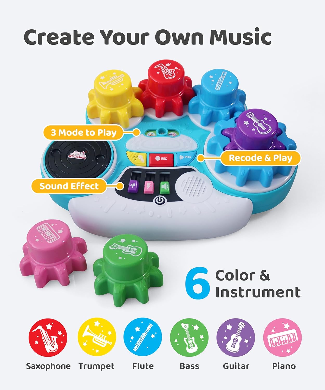 BEST LEARNING Music Gear Mixer - Kids DJ Mixer Table Toy for 3 4 5 Yrs Old Toddlers - Educational DJ Table with Recording, Playback, Sound Effect, Game Mode - Fun Birthday