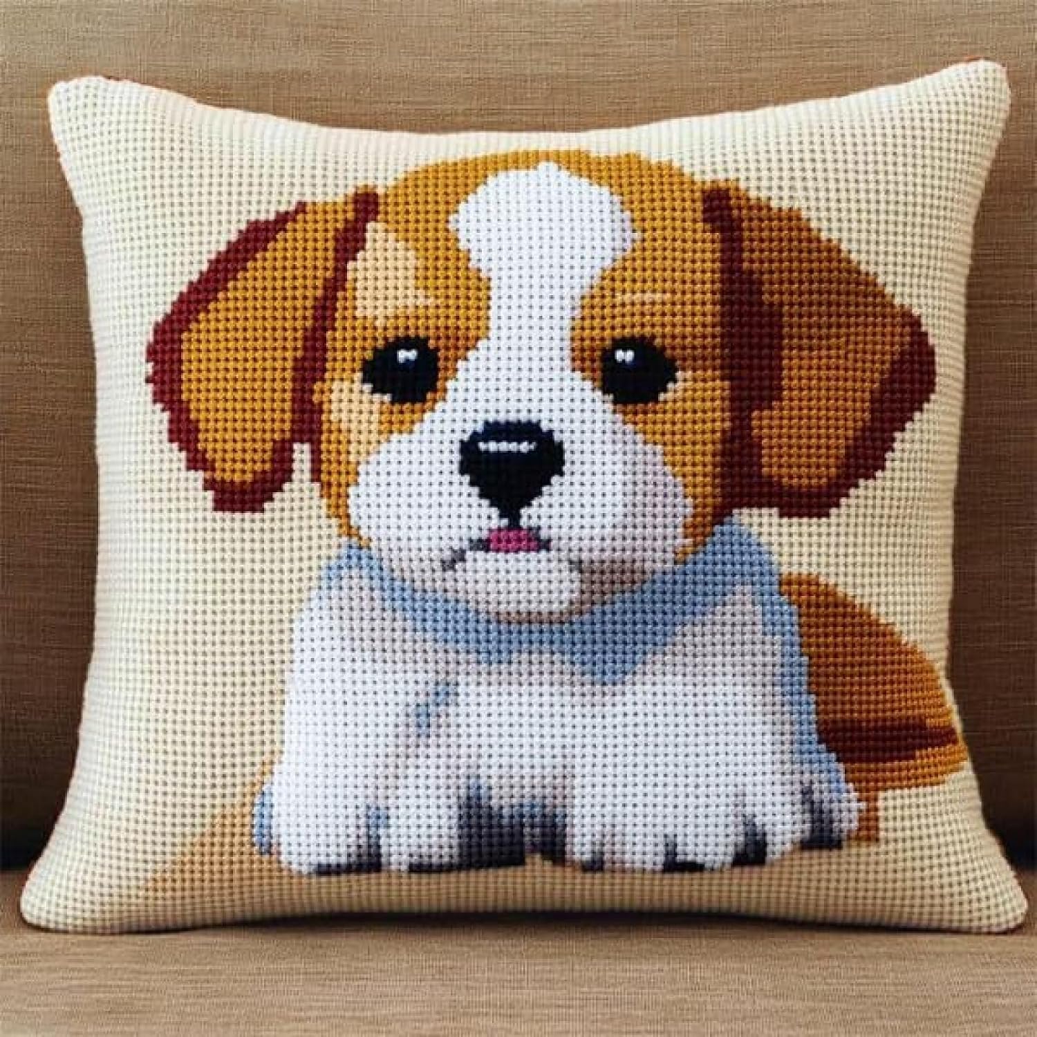 Latch Hook Pillow Kit For Adults - Beginner Friendly & Easy DIY Home Sofa Decoration Cushion Cover | 17x17 Inch | Includes Printed Canvas,Yarn & Complete Tool Sets | Handmade Gift Idea,Cute Puppy