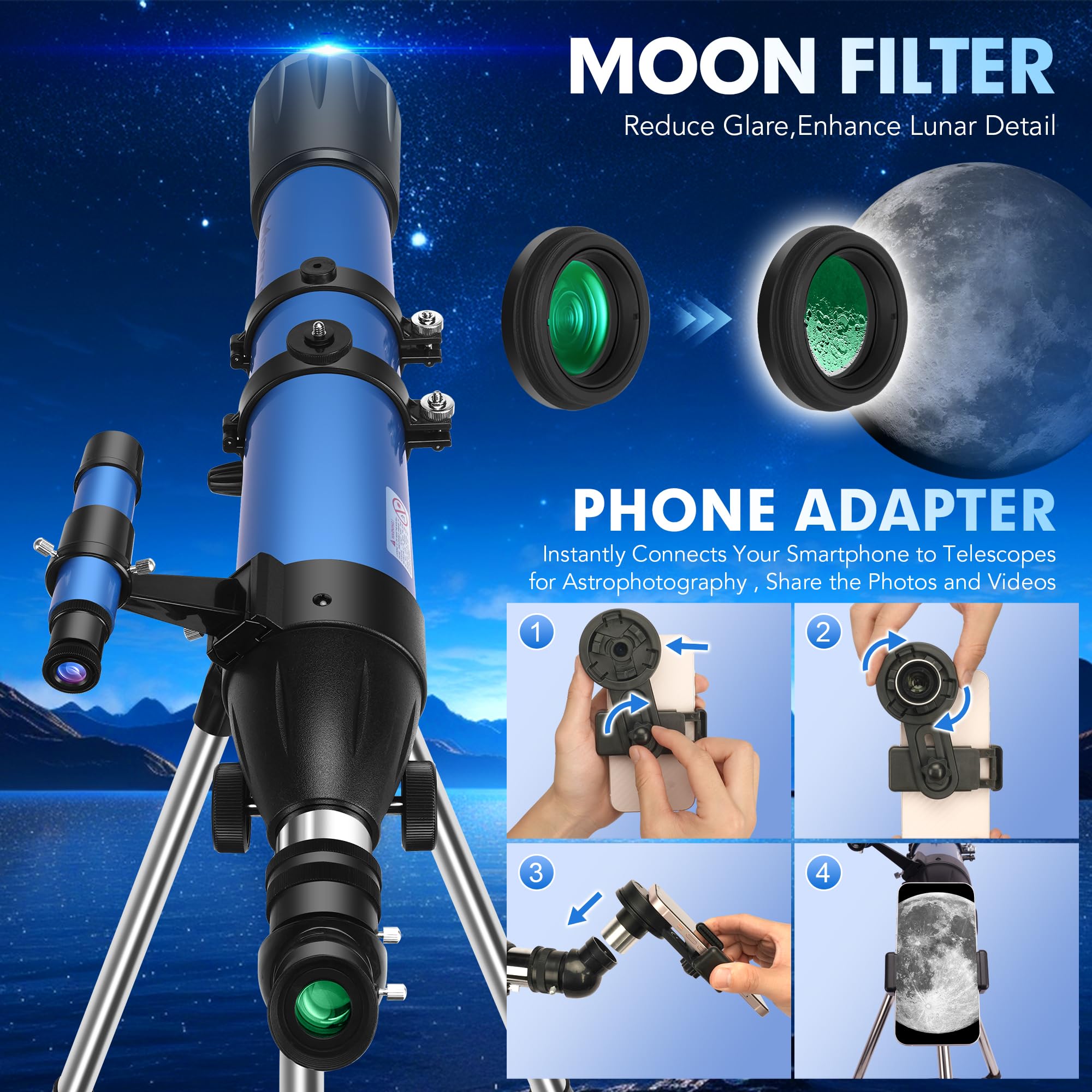 MEEZAA Télescope, Télescope Astronomique Adultes Enfants et Débutants, 90 mm Ouverture 800 Professionnel Télescopes Réfracteur avec Trépied, Sac de Transport, Adaptateur de Téléphone et Filtre Lunaire