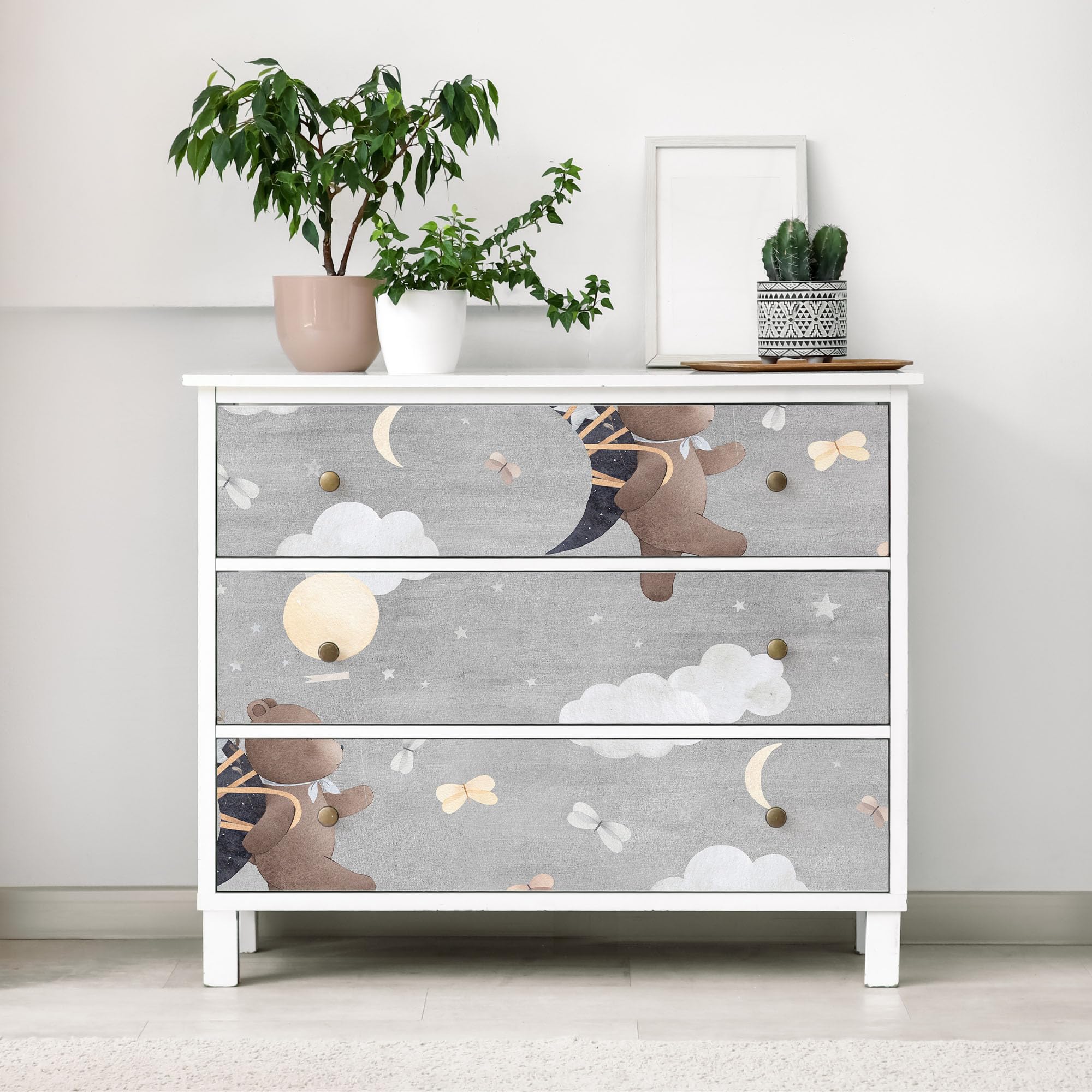 Selbstklebende Tapete Möbelfolie fliegender Teddybär Wolken Mond Sterne | fliegender Teddybär Wolken Mond Sterne Ballons Muster grau Töne traumhaftes Himmel Wanddesign für Kinderzimmer Babyzimmer