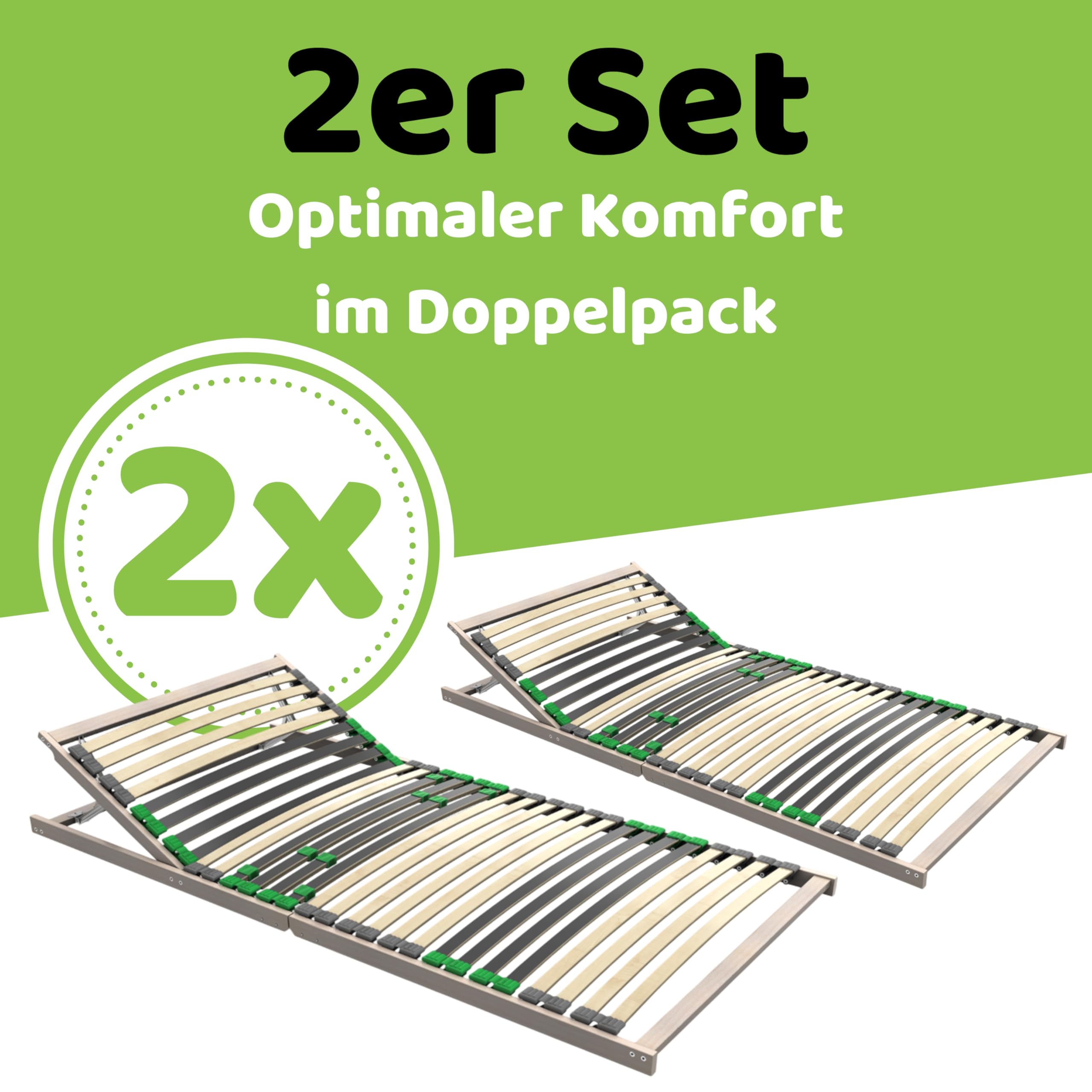FlexStar 7-Zonen Lattenrost 2er Set 90x200 – Kopfteil verstellbar - auch für Bettgröße 180x200 - Klappbar fertig montiert - 28 Birke -Federleisten - Für alle Matratzen - Bettrost stabil - Vormontiert