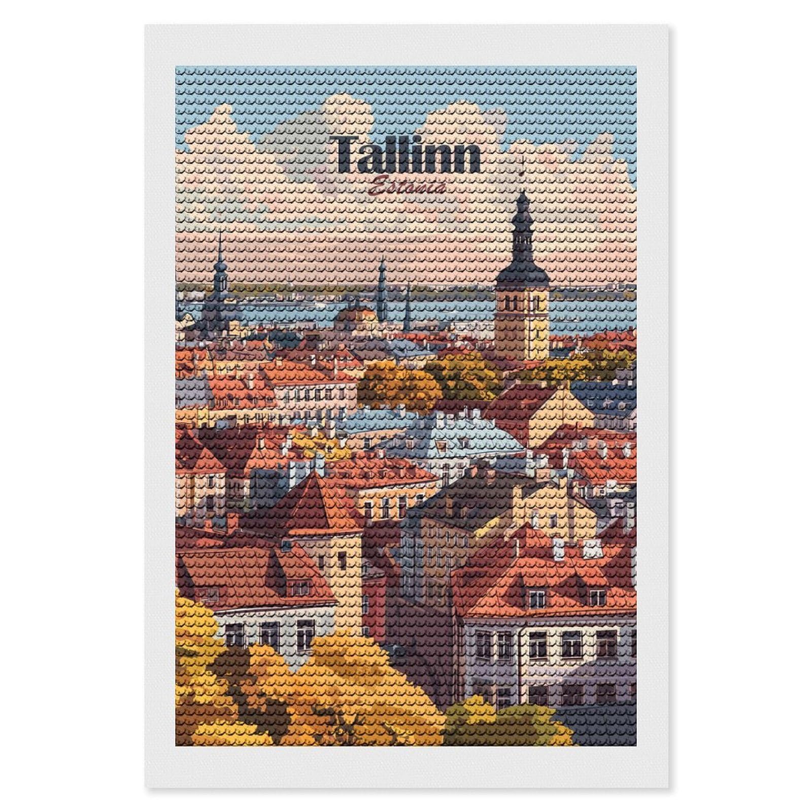 Junmoney Tallinn Cityscape Diamond Painting Canvas Set 8"x12", Boho Decor, for Craft Lovers, Easy Handmade Project, Holiday Gift Idea