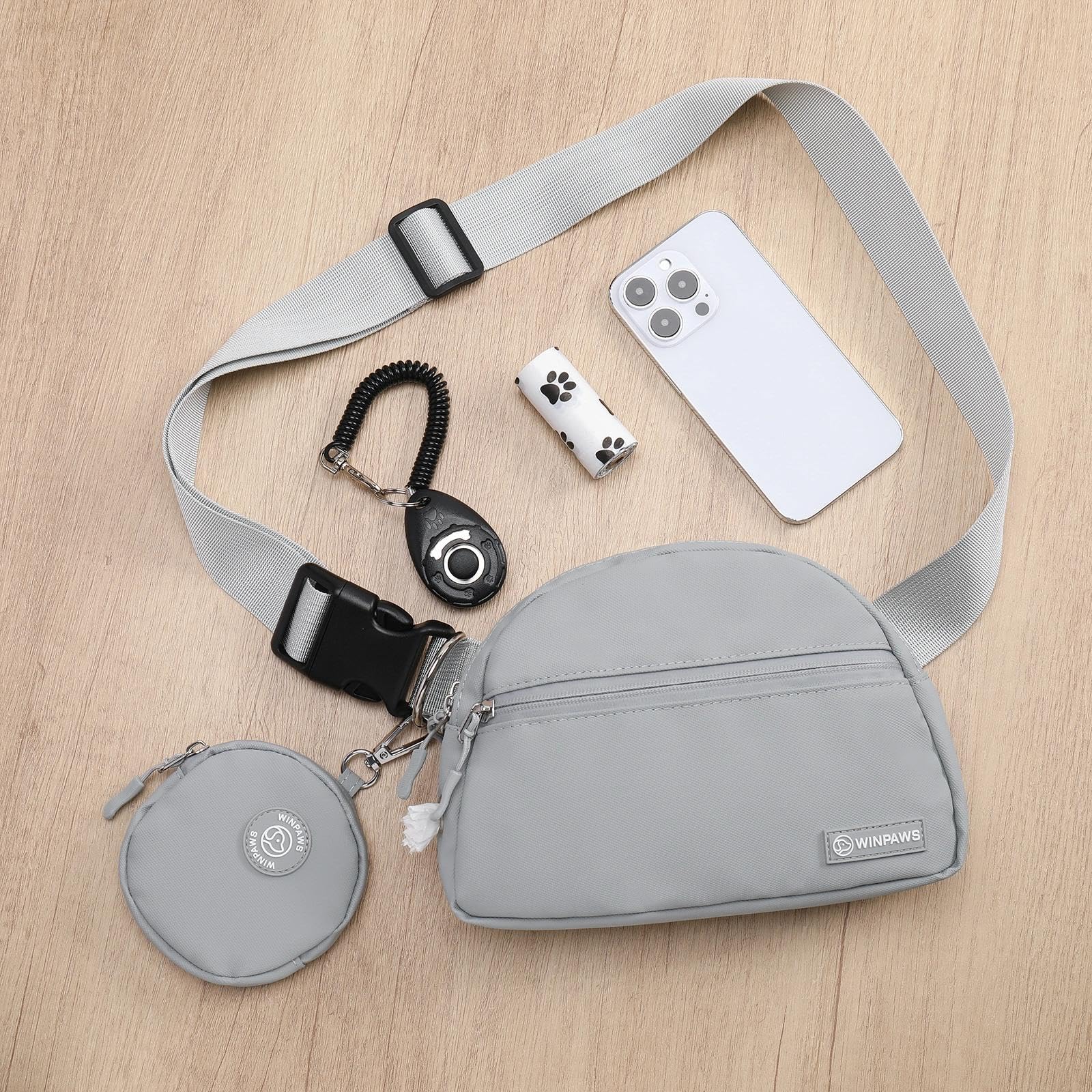 Pochette à friandises pour chien avec distributeur de sacs à déjections canines intégré et support de sac à déjections | Fournitures essentielles élégantes pour le dressage des chiots |