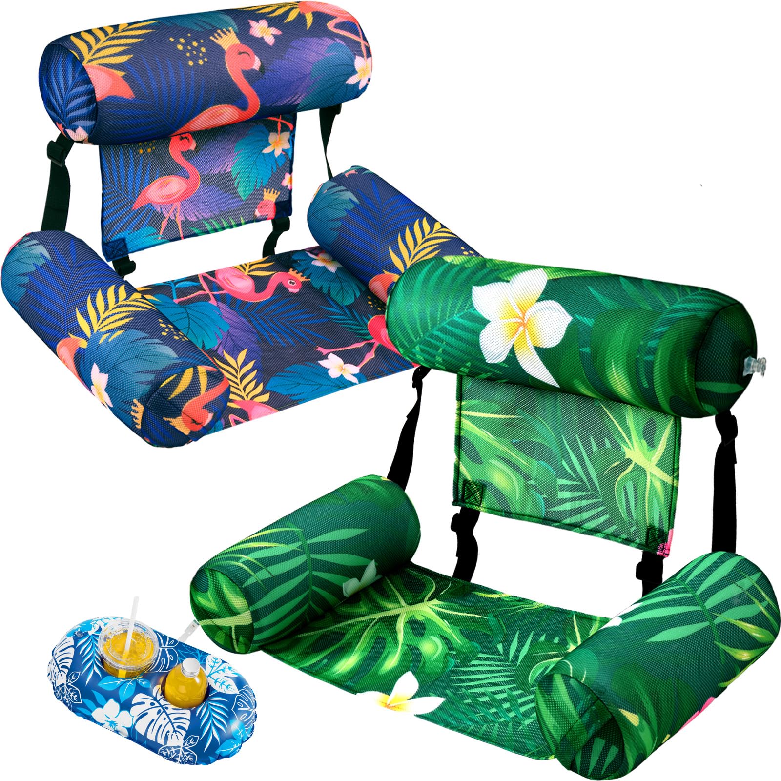 WERNNSAI Lot de 2 flotteurs de piscine gonflables pour adultes - En tissu avec porte-gobelets - Hamac d'eau réglable pour piscine, plage, lac, fête d'été