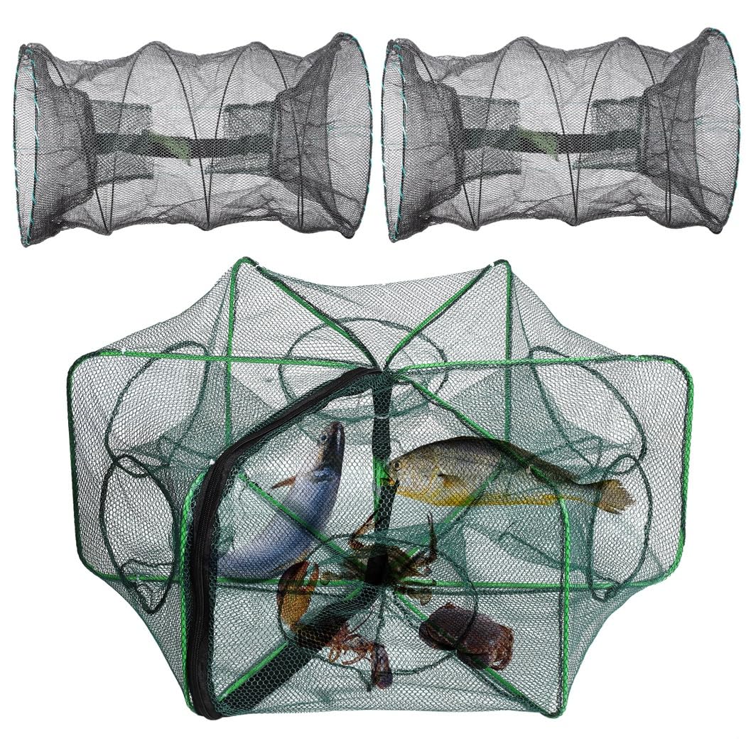 3 trampas de pesca plegables, redes hexagonales y cilíndricas portátiles para camarones, cangrejos y cangrejos