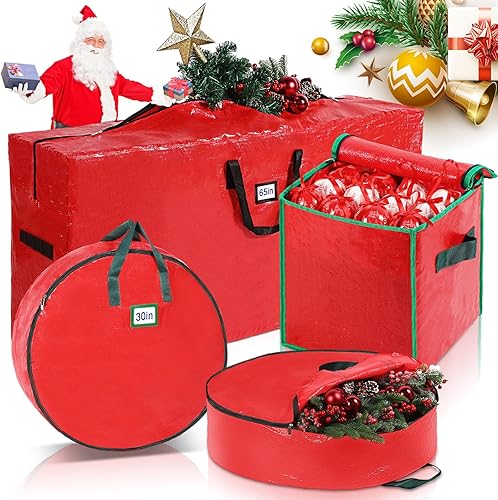 Abbylike Juego de 4 bolsas grandes de almacenamiento para árbol de Navidad para árboles desmontados de hasta 9 pies, juego de bolsas de guirnalda de