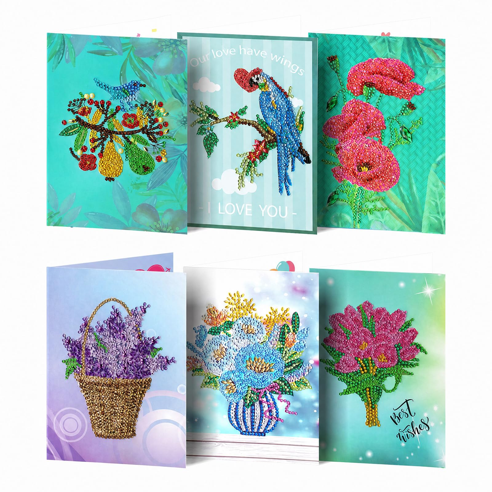 POETRYDRAW 6pcs Flowers & Birds DIY Diamond Art Greeting Card Kits with Envelopes, Perfect for Adults, Kids, Crafts & Gifts (Flowers & Birds)
