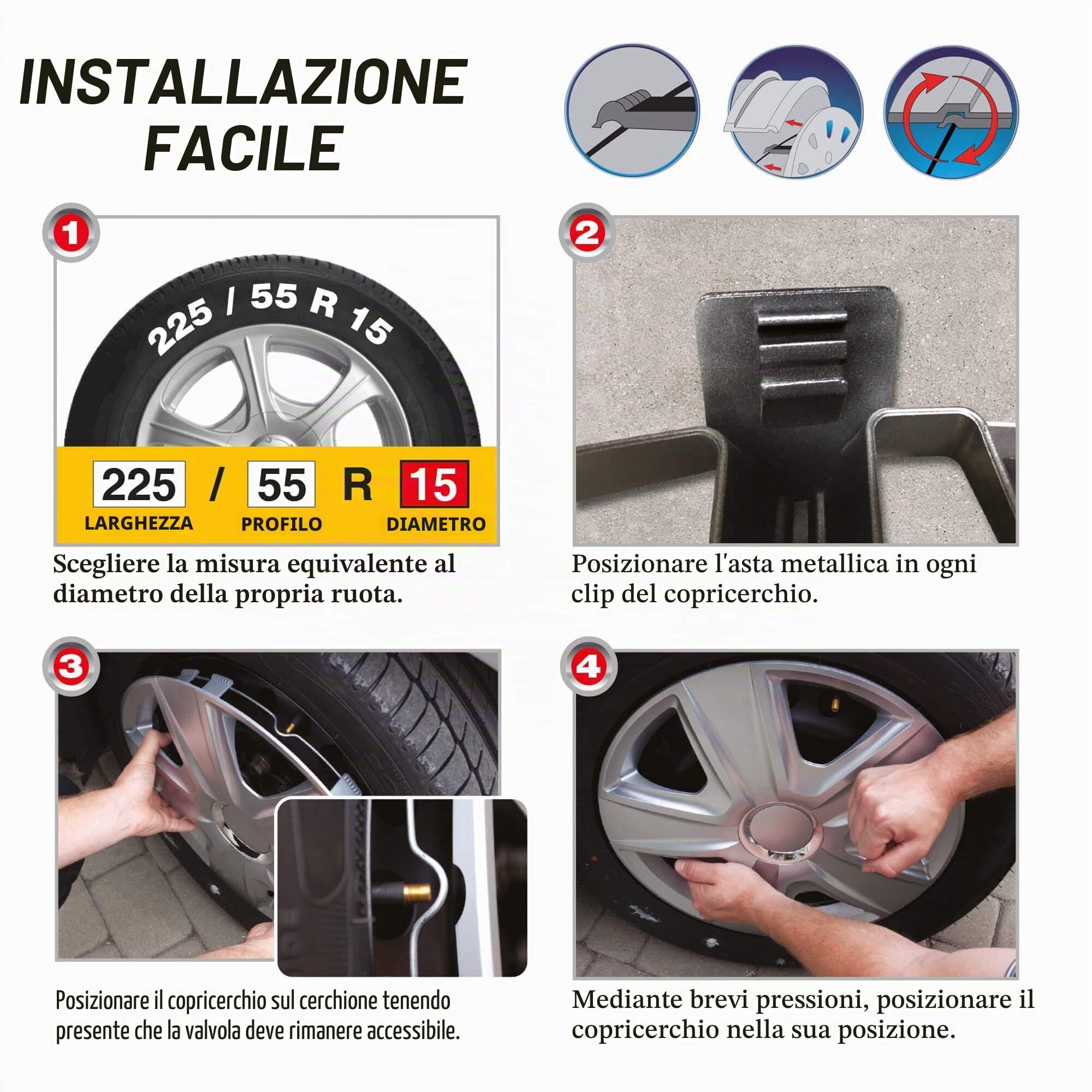 Delaware - Set di 4 copricerchi da 15 pollici, design a noci in cromo argento, finiture cromate e nere e ABS resistente agli impatti forti, durevole e affidabile con anello di serraggio regolabile