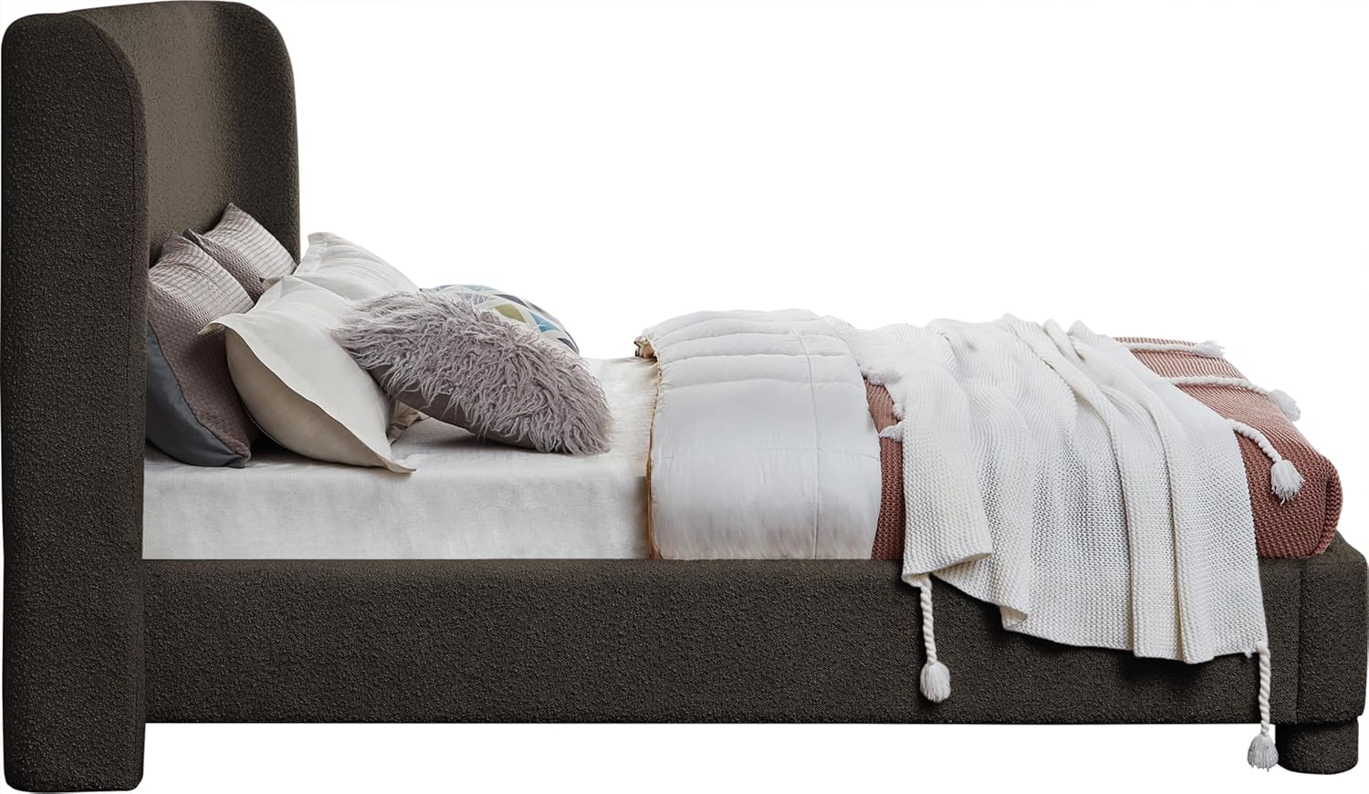 Meridian Furniture B1206Brown-Q Penny Collection Modern | Contemporary Queen Bed with Rich Brown Boucle Fabric, Curved Headboard, 73" W x 88" D x 52" H, Brown, Queen