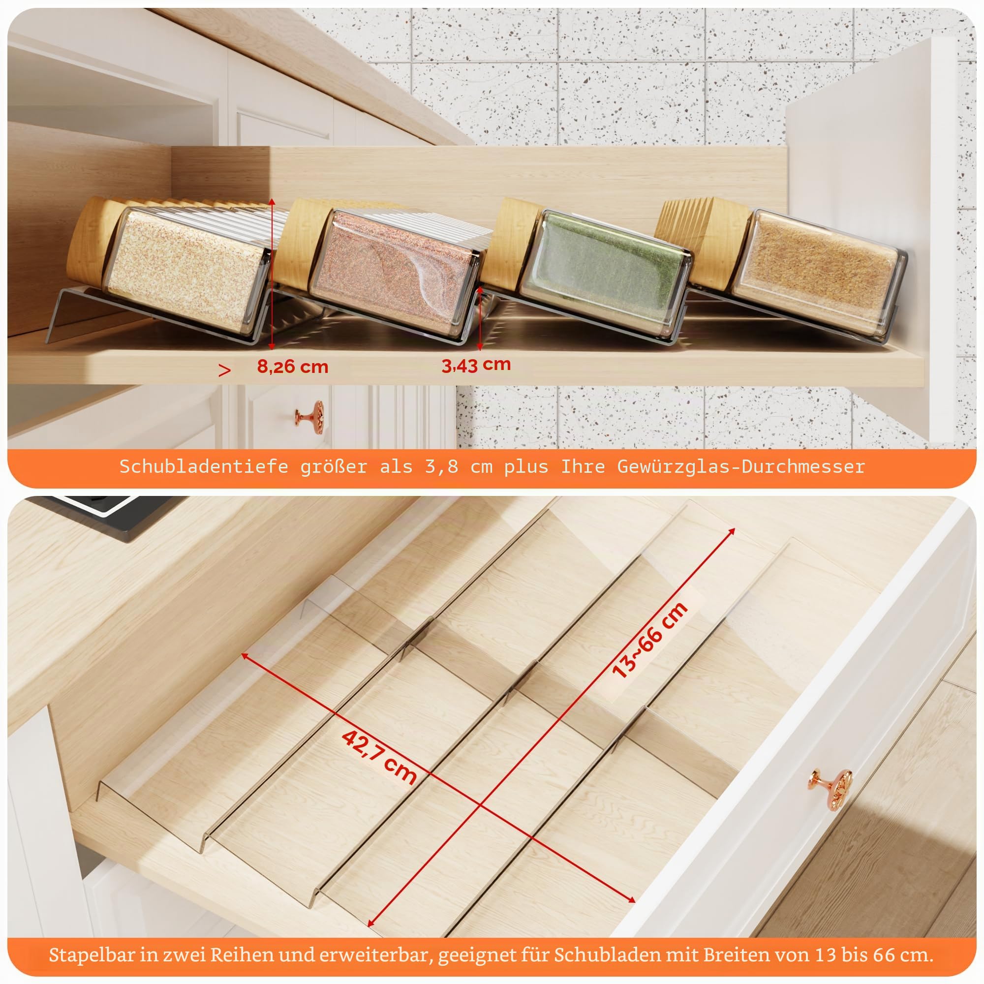 Jadehom Gewürzschubladen-Organizer, 4 Etagen, transparentes Acryl, erweiterbar von 33 cm bis 66 cm Gewürzgläser, Schubladeneinsatz, Küchenschublade, Gewürzregal für Schrank/Arbeitsplatte