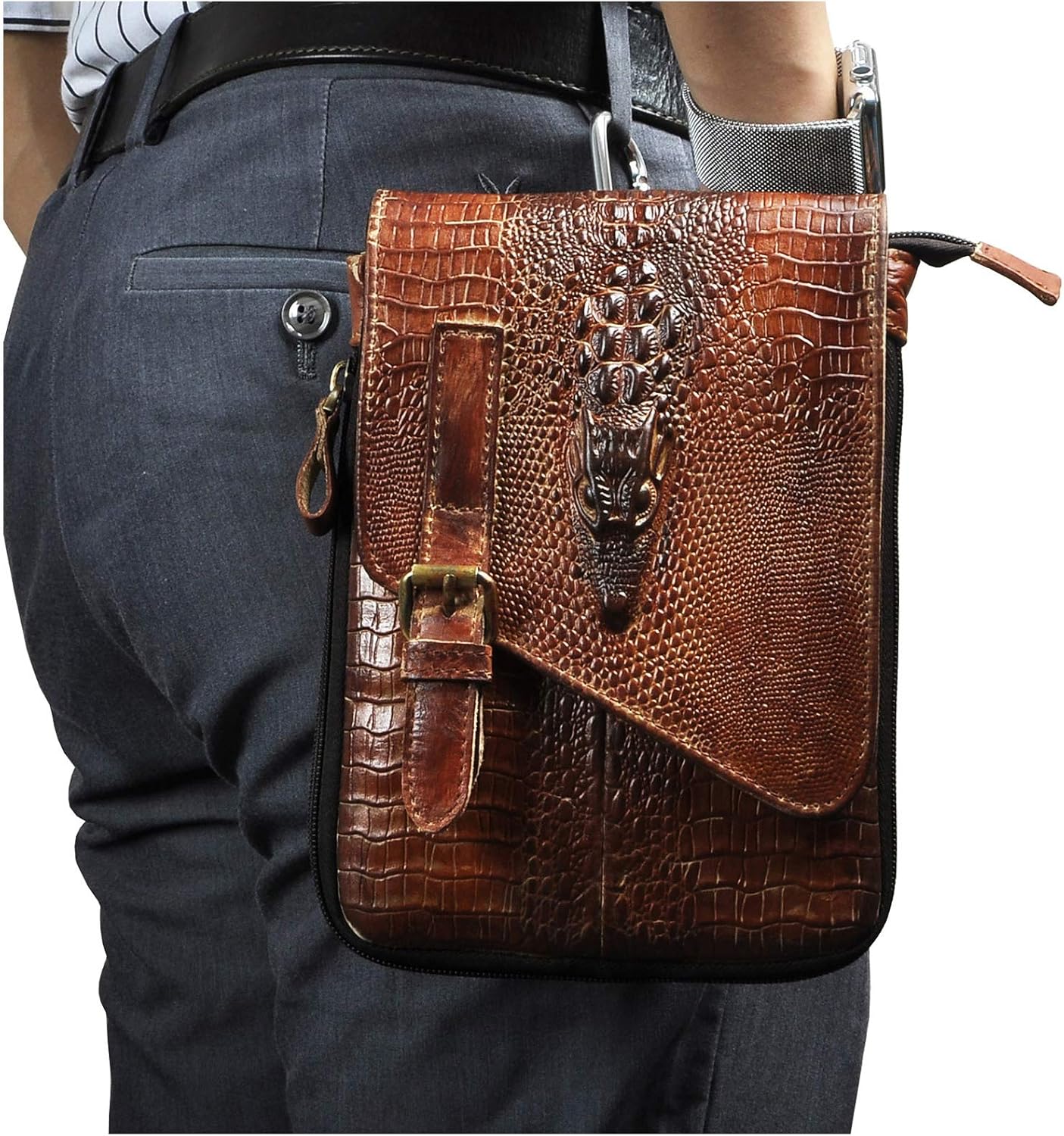 Le'aokuu Mens Genuine Leather Small Messenger Shoulder Satchel Phone Pouch Belt Waist Bag Pack