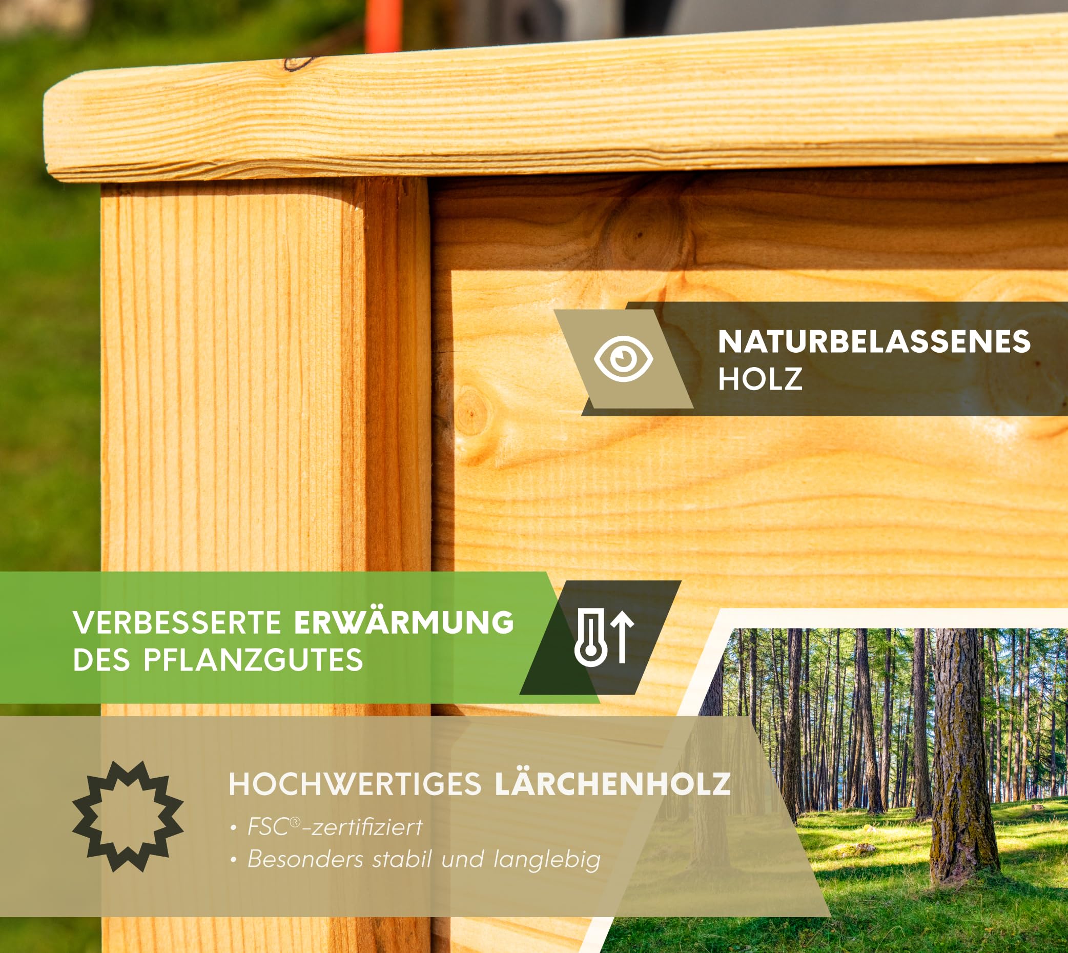 WESTMANN Hochbeet aus Lärchenholz | 130x65x84 cm Natur | Kräuterbeet für den Außenbereich | Holzhochbeet zum Bepflanzen von Gemüse & Kräutern