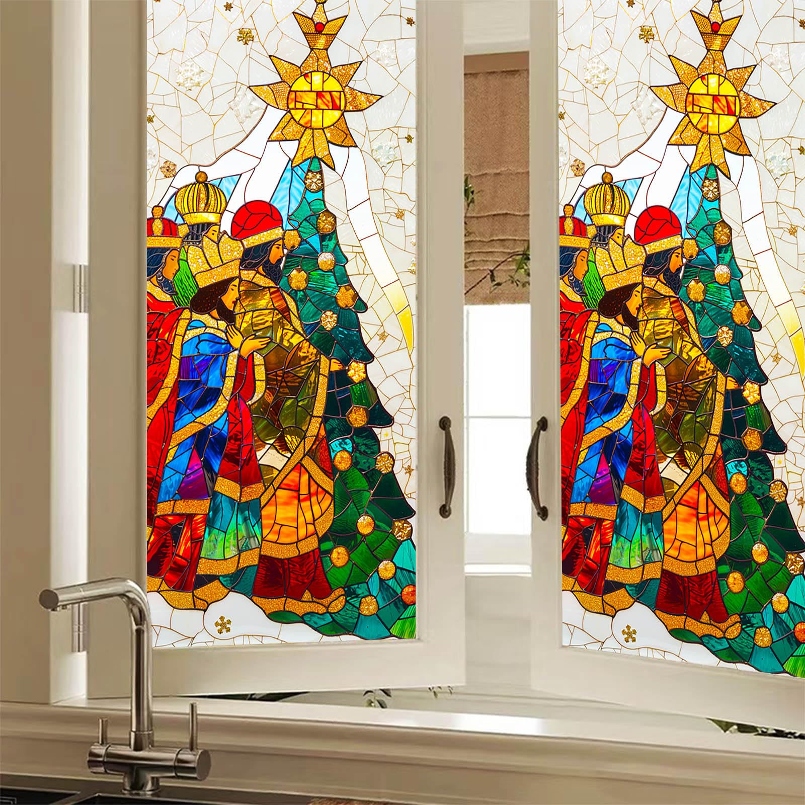 HOMETITUTE Christmas Vertical Window Film Three Wise Men Nativity Star Stained Glass Decorative Privacy Window Clings for Home Church Living Room Office 17.7 × 39.3 Inch
