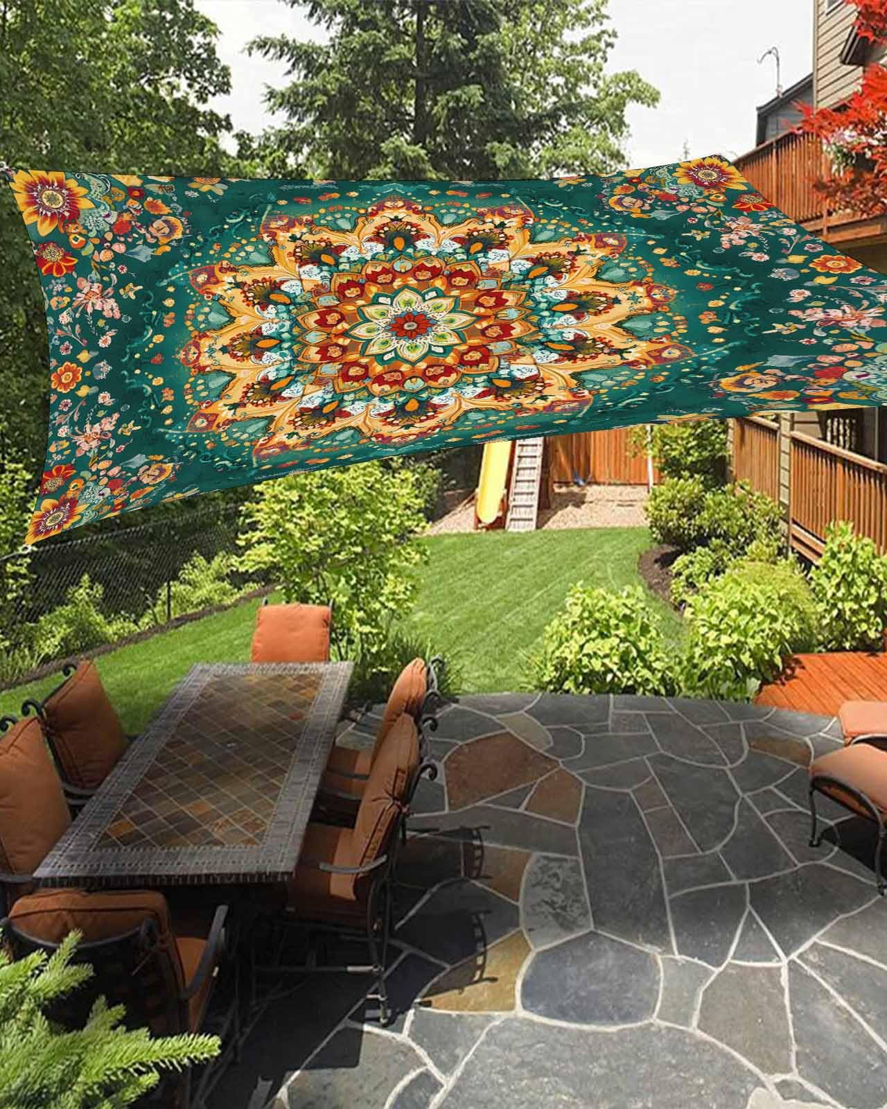 Photo 1 of Boho Flower Sun Sail Shades Rectangle Canopy,Sunlight Block Heavy Duty Curved Backyard Shade Cover,Yellow Green Bohemian Colorful Medallion Waterproof Sun Shades for Patios Garden Pergola 8'x10'