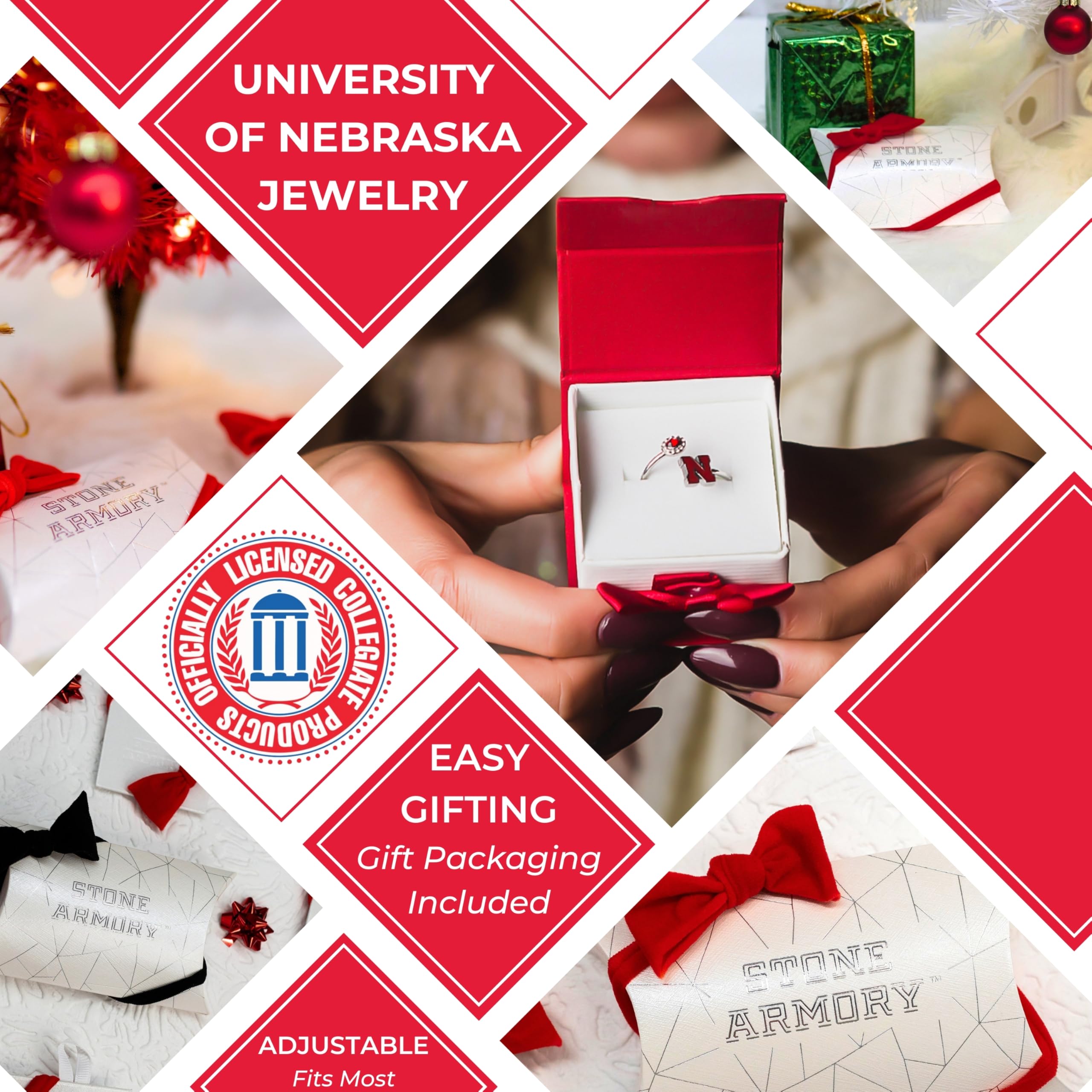 Stone Armory University of Nebraska Cornhuskers Accessories for Women - Red Nebraska Ring with Crystals - Hypoallergenic and Adjustable Sizes 5-12 - Nebraska Husker Jewelry
