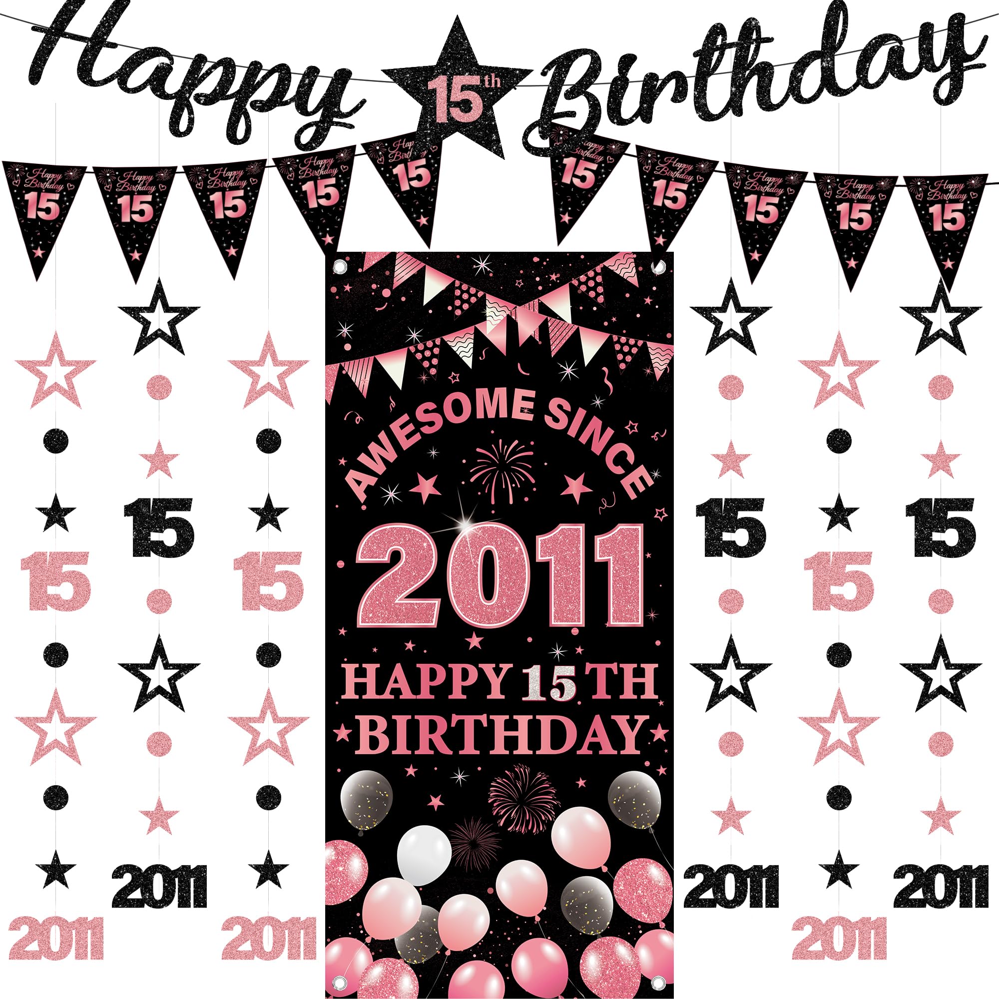 15th Birthday Decorations Girls Banners - 9 Pcs Black Rose Gold Happy Birthday Banner Awesome Since 2011 Curtain Twinkle Star Dot Hanging Streamer Pennant for 15 Years Old Party Wall Decor Supplies