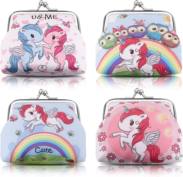 SOSPIRO 4pcs Unicorn Coin Purse PU Leather Coin Bags with Kiss-Lock Closure Portable Wallet Pouch Mini Jewelry Pouch Gift Small Wallet for Girls Kids Boys Birthday Party Favors