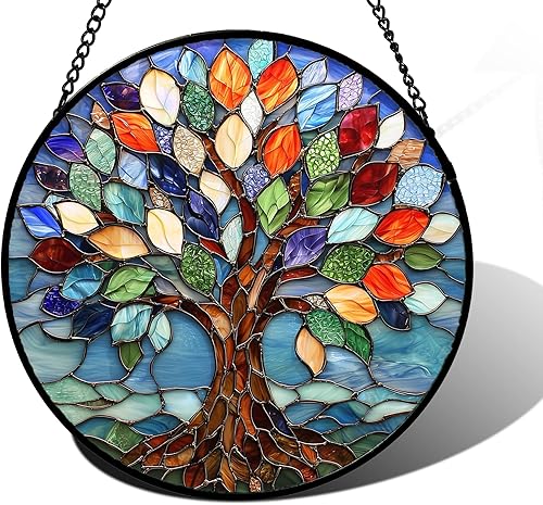 Colorido árbol de la vida para colgar en la ventana, panel de cristal azul para cumpleaños, para mujeres, hombres, esposa, tía y mamá, 9.8 pulgadas