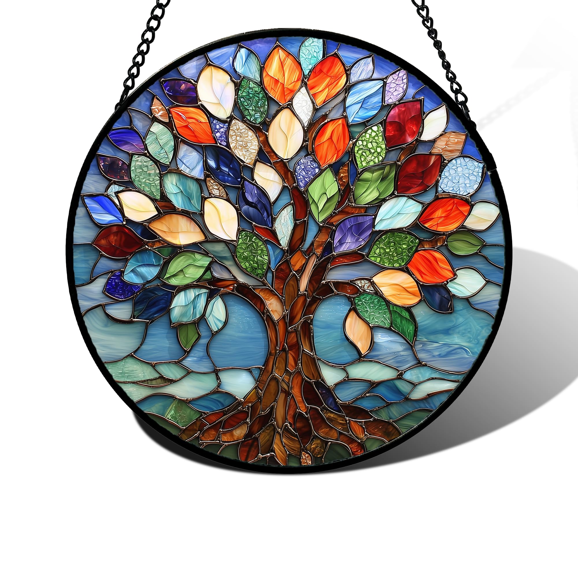 DASTOLL Stained Glass Window Hanging, Colorful Tree of Life Sun