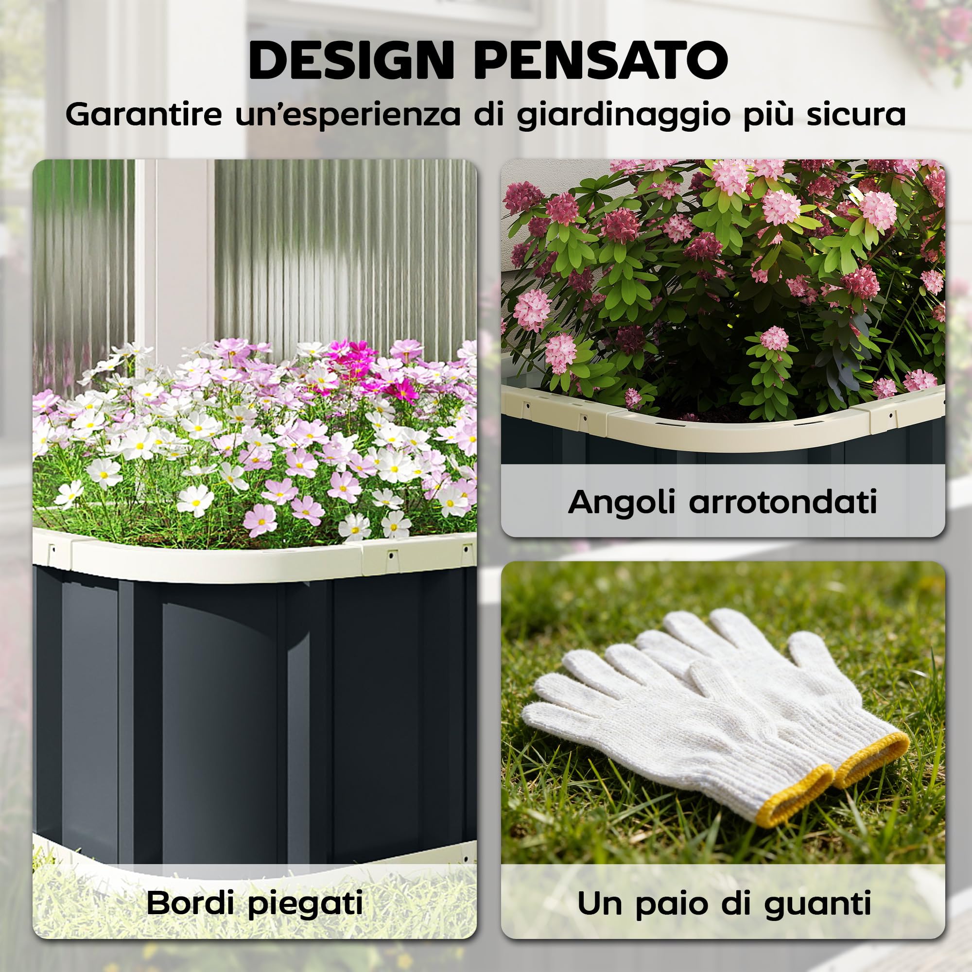 Outsunny Letto per Orto Rialzato da Esterno con Fondo Aperto, Guanti, Bordi Piegati, Fioriera da Esterno in Acciaio Zincato, per Piante, Fiori, Verdure Balcone Giardino, 136x52x31 cm, Grigio Scuro