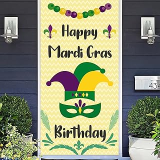 Happy Mardi Gras Masquerade Masks Purple GreenÂ GoldÂ Banner Happy Birthday Backdrop Crown Theme Decor Decorations for Mardi Gras Party Carnival New Orleans Party Birthday Party Supplies Background