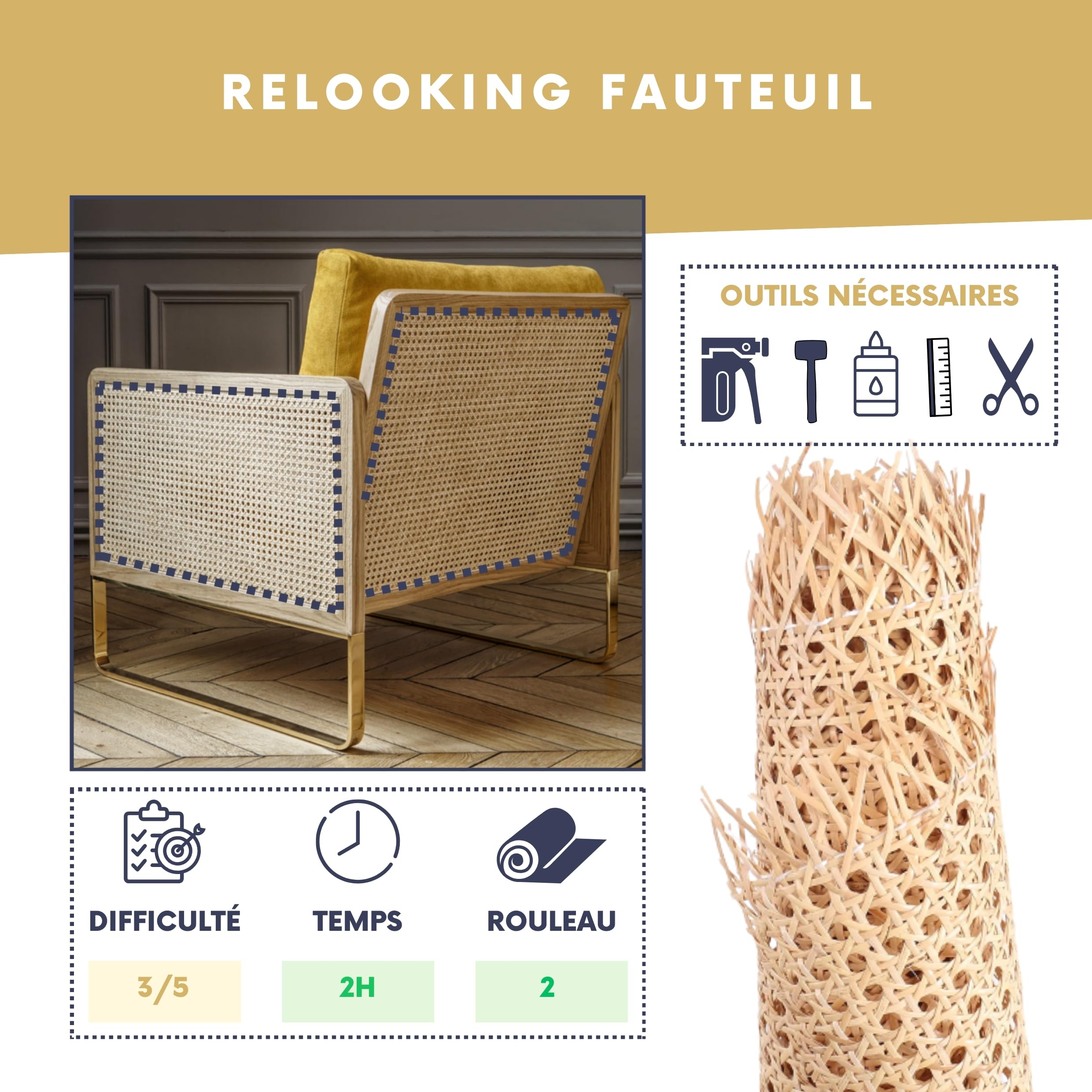 Cannage, Rouleau de Cannage pour Meuble, Cannage en Rotin Naturel, Décoration & Vannerie, Cannage Traditionnel à la française, pour Un Rendu Esthétique et Résistant, Idéal pour Le DIY